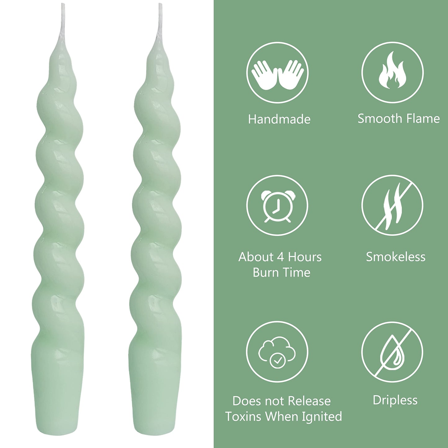 Spiral Taper Candles Set of 2 – 7.5 Inch Candle Stick, Light Green Handmade Twisted Candles Unscented Tapered Candles for Wedding Dinner Home Decor Gift
