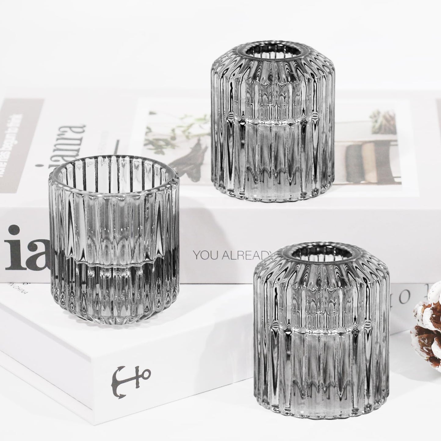 CHOCSTAY Reversible Gray Glass Candle Holder Set of 6, Thick Heat-Resistant Glass Candlestick Holders for Taper, Tealight, Votive, LED Candles, Perfect for Wedding, Party, Home Décor