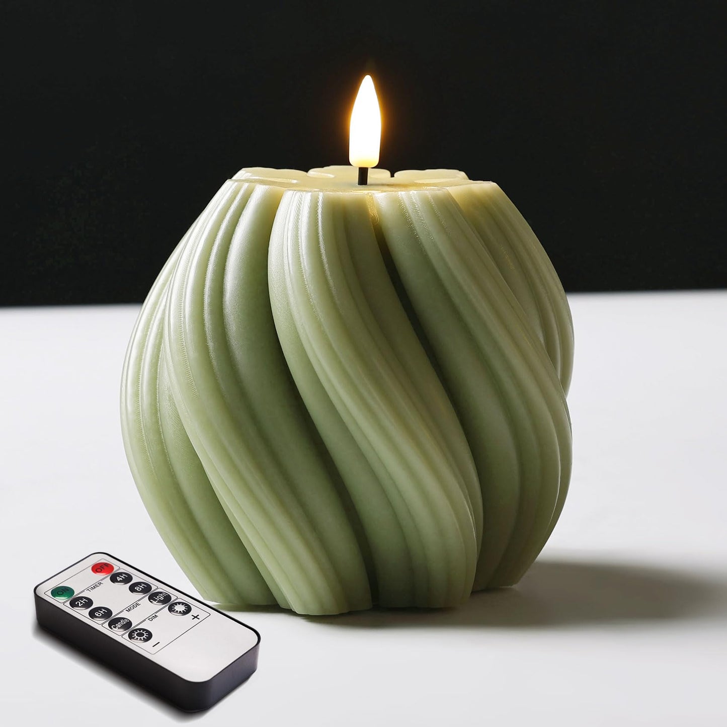 Girimax Sage Green Swirl Flameless Candles with Remote, Flickering LED Wax Candle Aesthetic Home Shelf Decor 1 Pack