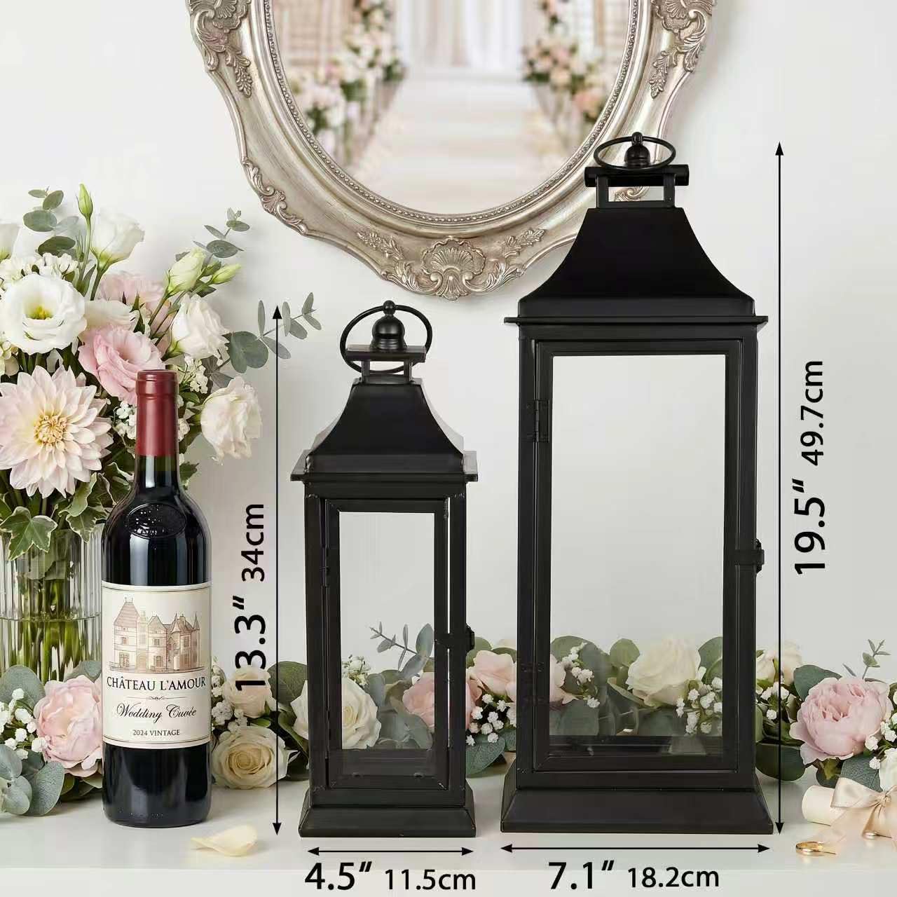 SwallowLiving Black Outdoor Lanterns Set of 2, 19.5" & 13.3" Farmhouse Large Metal Decorative Candle Lanterns with Tempered Glass for Patio, Fireplace, Table Centerpiece & Indoor Decor (No Candle)