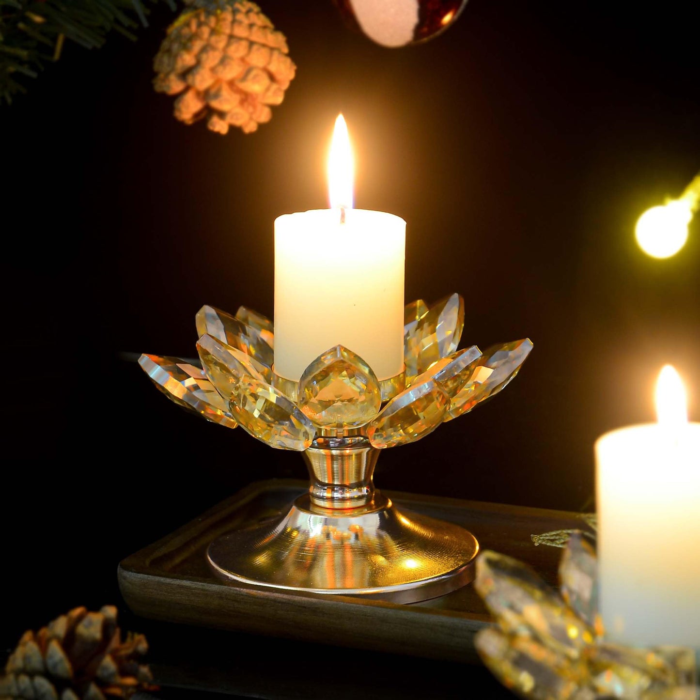1 PC Gold Crystal Flower Tea Light Holder, Glass Tealight Candlestick with Metal Base, Votive Candle for Table Centerpiece, Wedding/Parties Decor, Nice Gift