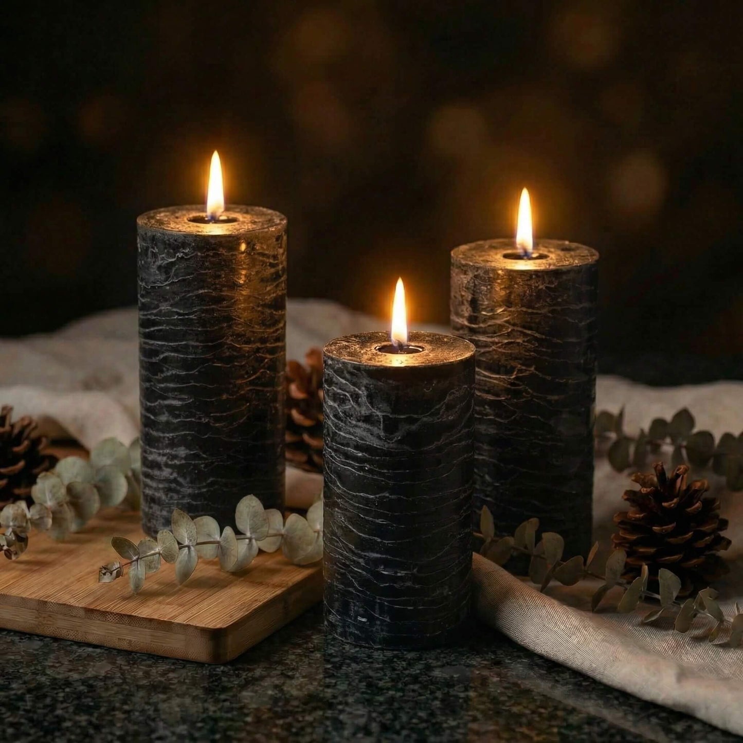 Richland Set of 3 Pillar Candles 3" x 6" Unscented (Black Rustic) for Weddings Home Holidays Relaxation Spa Parties