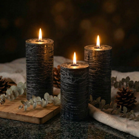 Richland Set of 3 Pillar Candles 3" x 6" Unscented (Black Rustic) for Weddings Home Holidays Relaxation Spa Parties