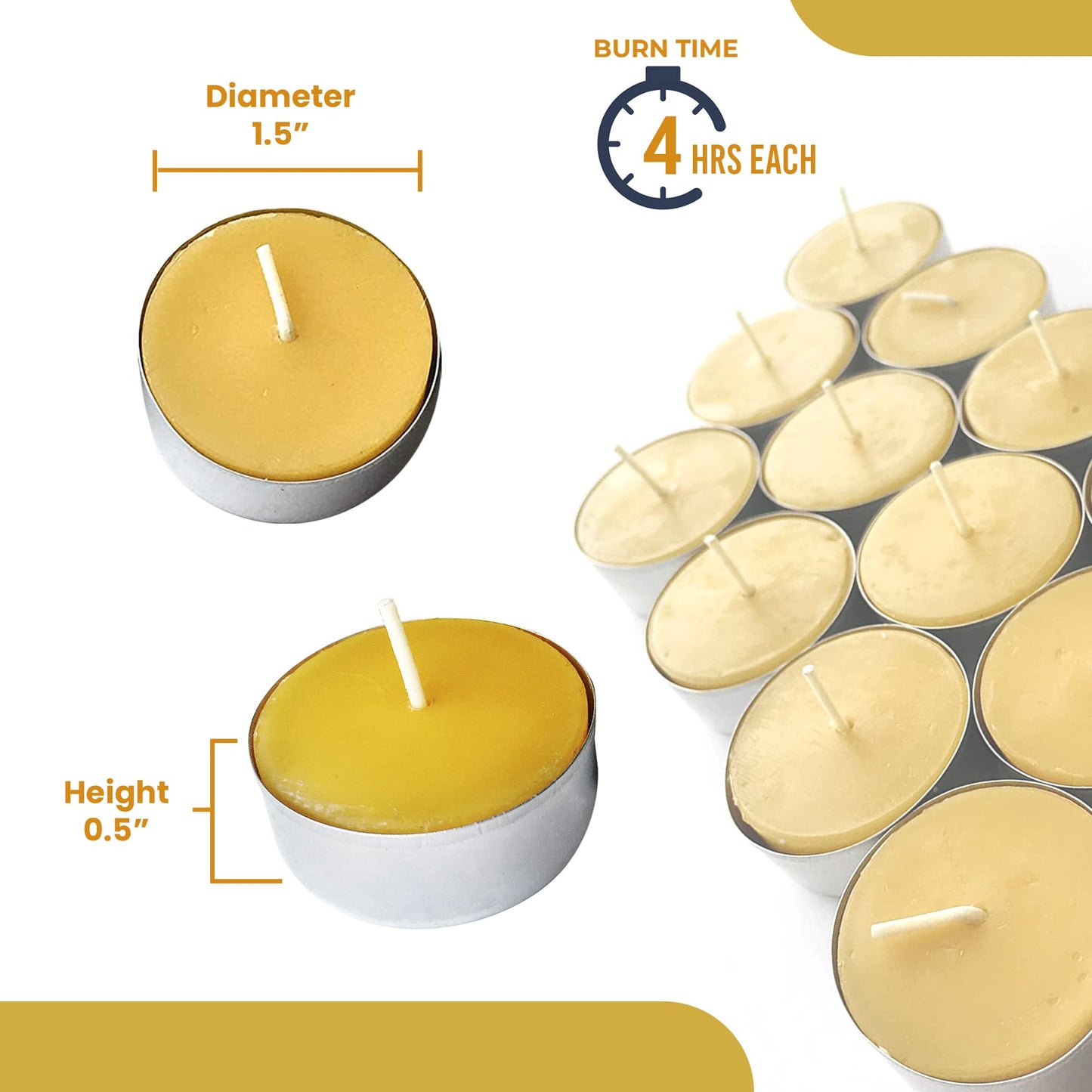 Pure Beeswax Tealights - Unscented Smokeless & Clean Burning Non-Toxic Tea Lights with Light & Natural Honey Scent, 4-Hour Burn Time, 1.5 x 0.5-Inch Handmade Candles, 48-Pack, by BeeTheLight
