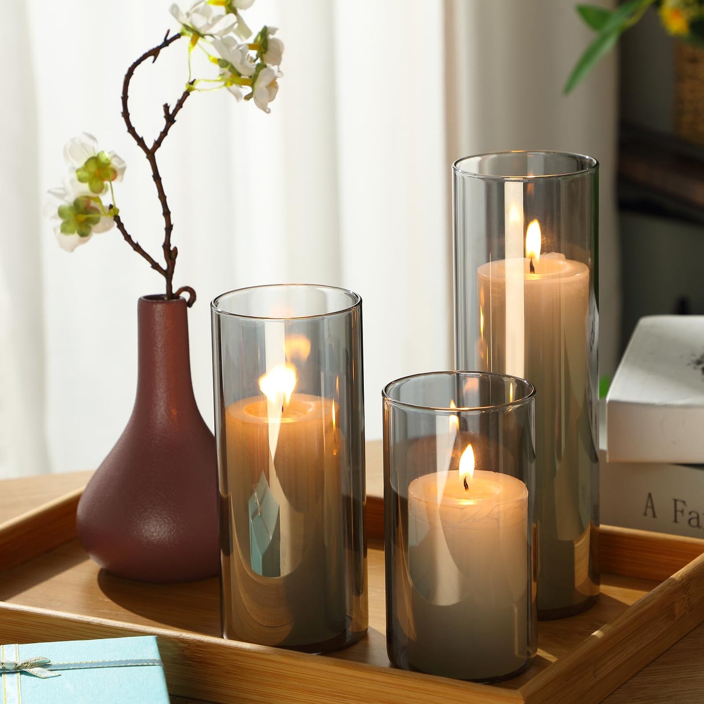 Shihanee 36 Pcs Pillar Candles and Glass Cylinder Vases Tall Cylinder Holders for Pillar Candles Wedding Centerpieces, Total 18 Sets(2.6'' X 4.7'', 5.9'', 7.9'',Smoke Gray,White)
