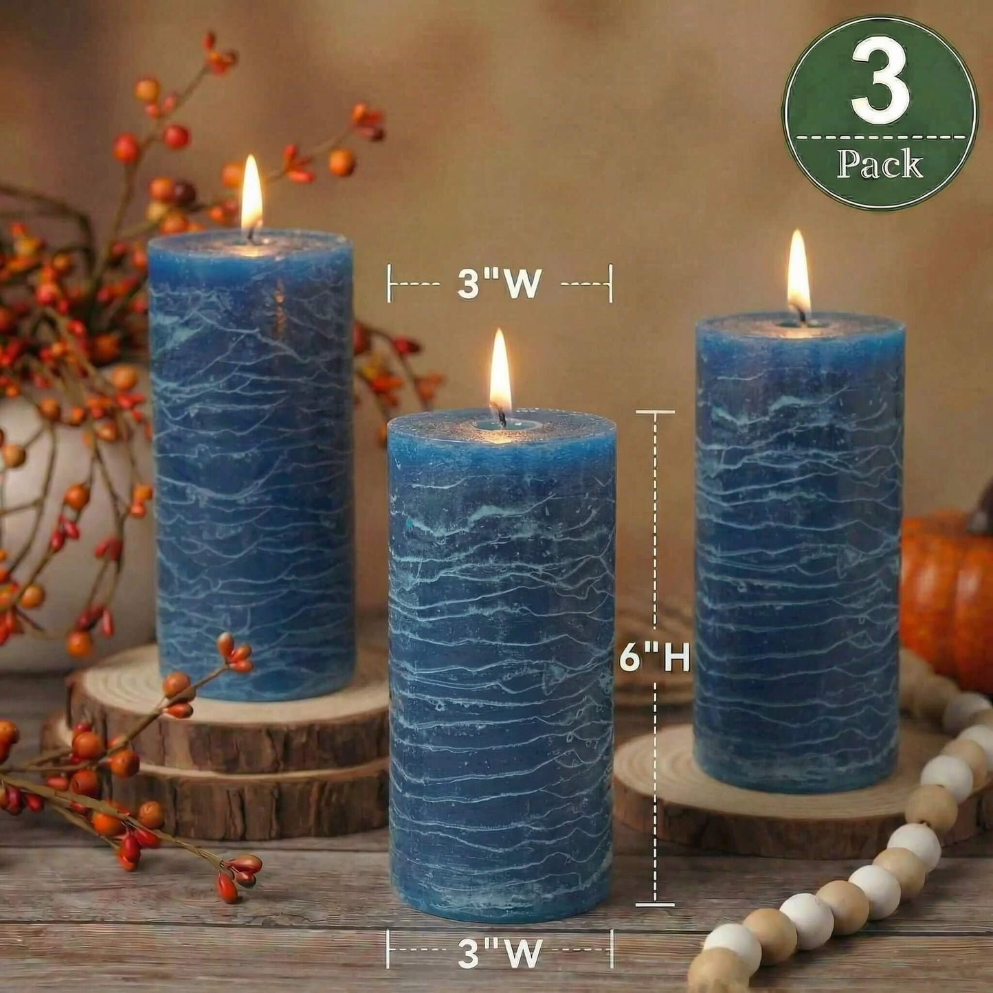 Richland Set of 3 Pillar Candles 3" x 6" Unscented (Navy Blue Rustic) for Weddings Home Holidays Relaxation Spa Church