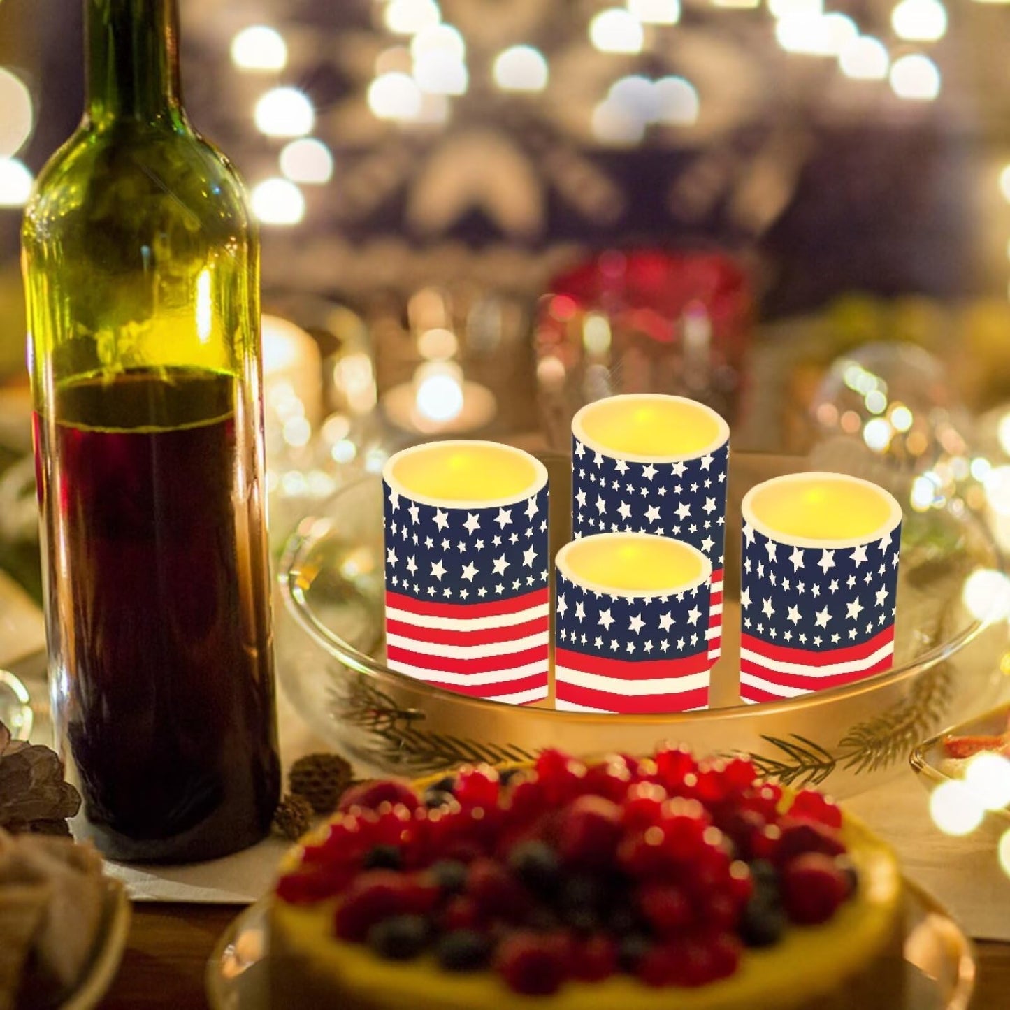 Merkmak American Flag Battery Operated Flameless Candles with Timer Remote 4 Pack Flickering LED Candles for Indoor Outdoor Coastal 4th of July Party Home Decorations