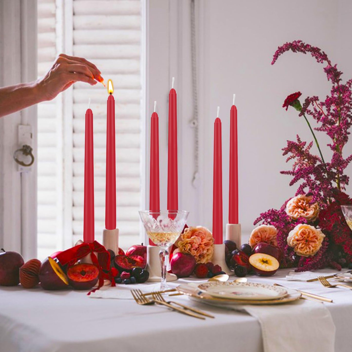 24 Pack Red Taper Candles, 10 Inch Classic Red for Valentine's Day Decor, 7-8 Hour Burn, Clean-Burning Unscented Bulk Candles for Holiday Dinner Table, Fireplace Mantel, Wedding Centerpiece