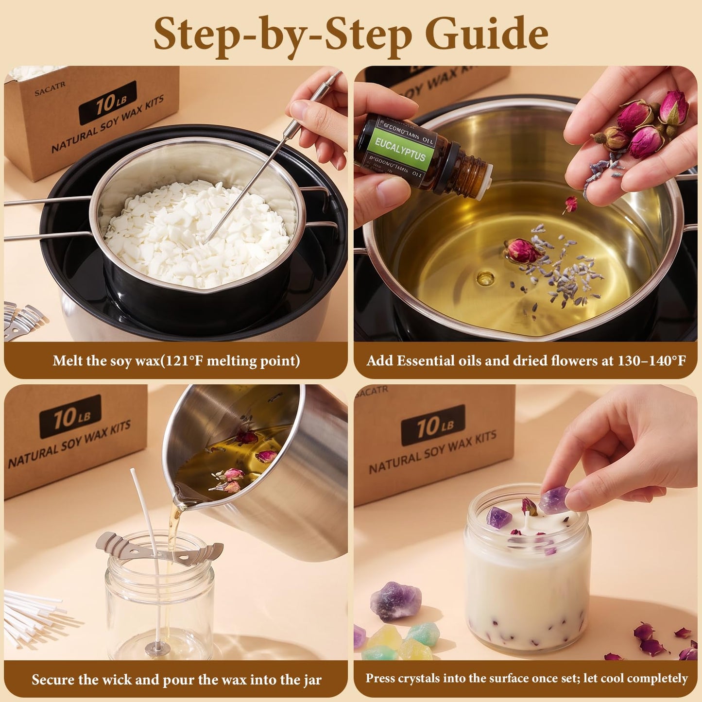 SACATR 10LB Soy Wax Candle Making Kit,Natural 100% Soy Wax for Candle Making, with Essential Oils, Raw Crystals,Dried Flowers,Wicks,Candle Making Supplies for DIY Scented Candles,Holiday Gifts