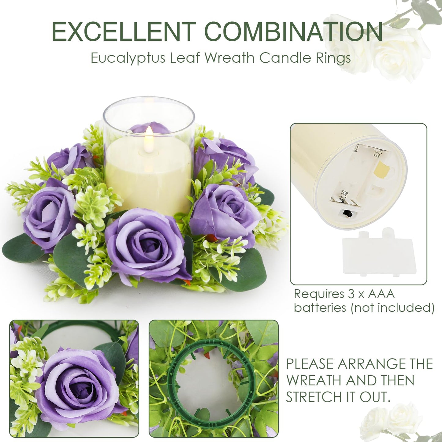 Acmee Purple Rose Candle Rings with Flameless Candles Sets - 12PCS Artificial Flower Eucalyptus Wedding Centerpiece 3 Inch Pillar Candleholders Wreaths for Wedding Party Decor (Purple - 6 Sets)