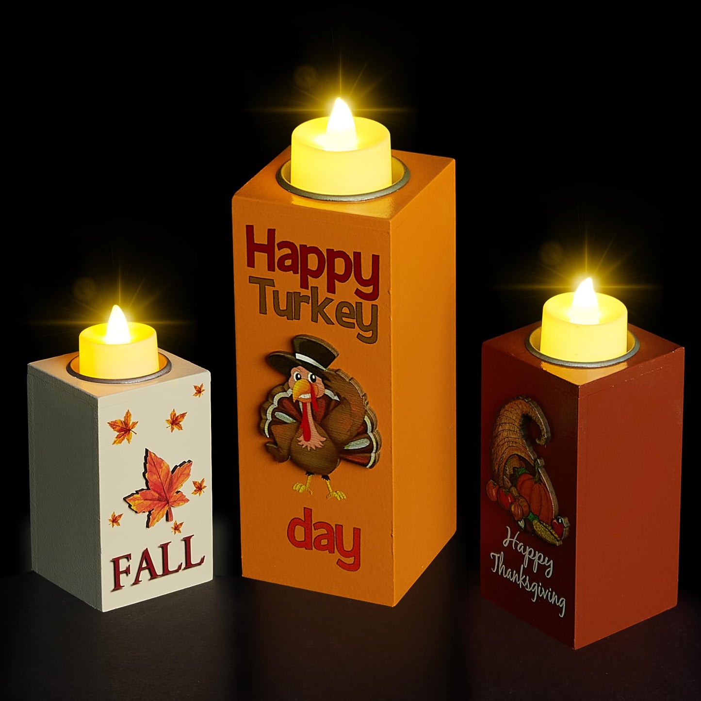 BlcTec Thanksgiving Decorations for Home 3 PCS Wood Candle Holders with LED Tea Lights & 3D Carving Craft, Rustic Candle Centerpieces for Home, Table, Office, Tiered Tray Fall Decor Thanksgiving Decor