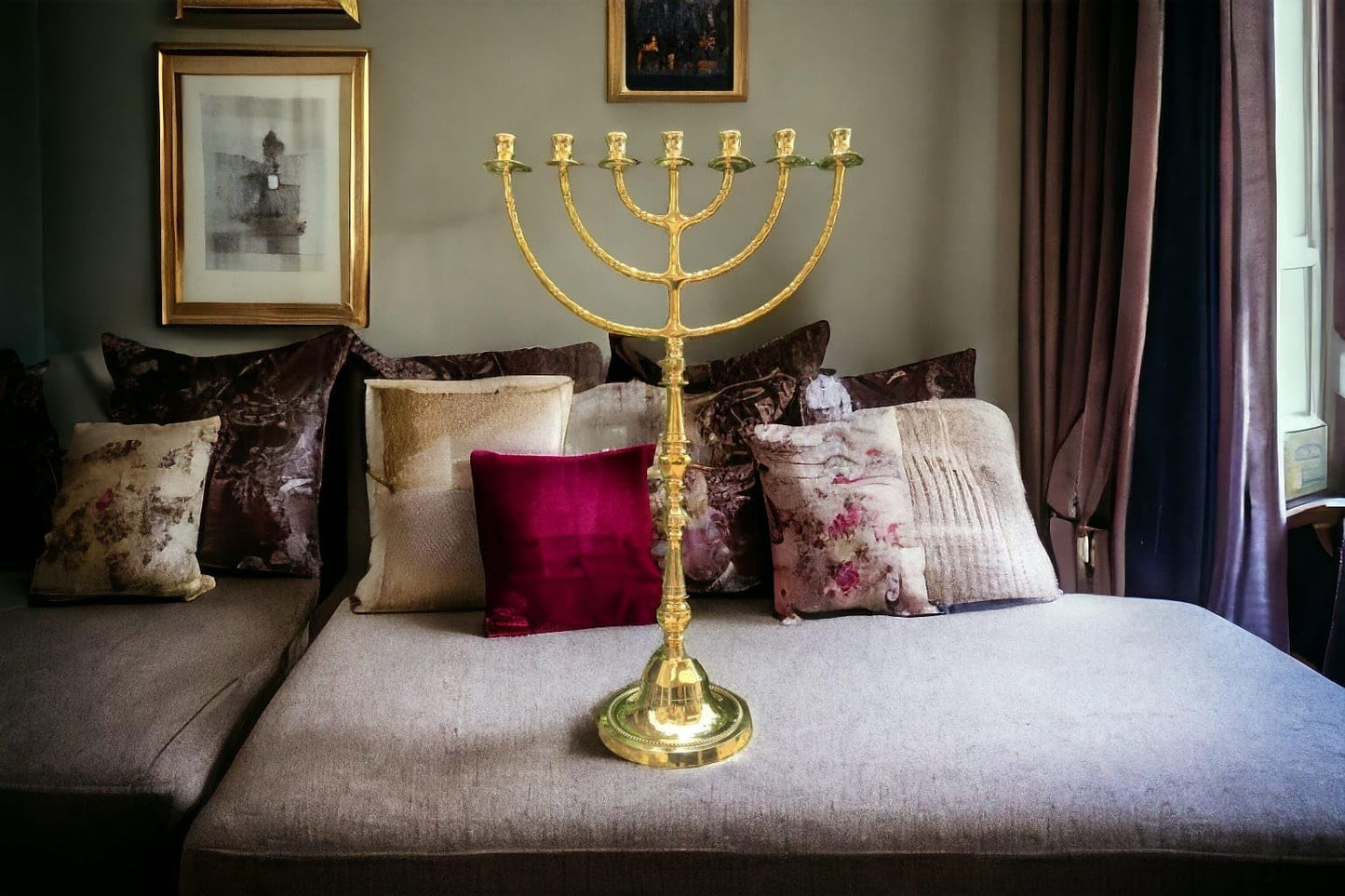 Giant Temple Menorah 7 Seven - Branch | 32-Inch (81cm) Solid Brass Candelabra | Large Gold Jewish Menora for Candles & Oil Cups