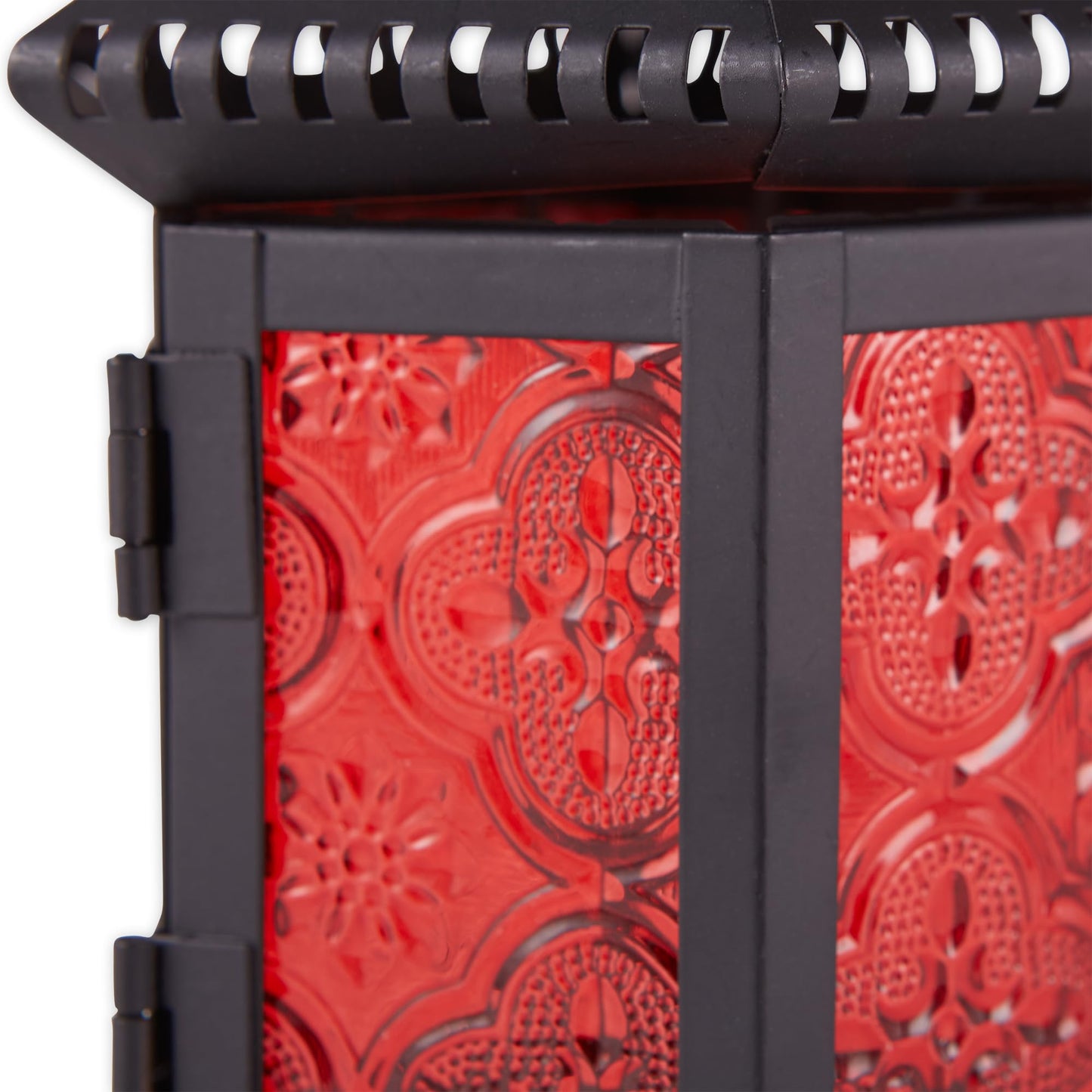 Zingz & Thingz Moroccan Style Candle Lantern Holder, Decorative Light Home Decor, Indoor & Outdoor, 10.25" Tall, Black with Red Glass