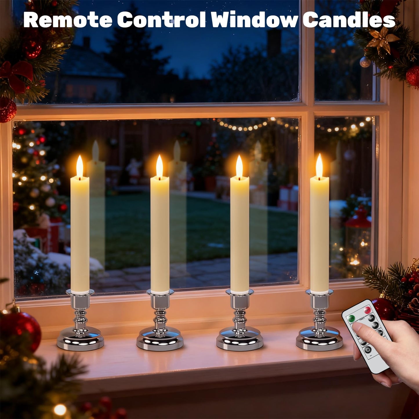 Wondise Flameless Window Candles with Remote Timer, 7" Battery Operated 3D Wick Real Wax LED Flickering Taper Candles for Christmas Decoration, Removable Silver Holder and Suction Cups Included 4Pack