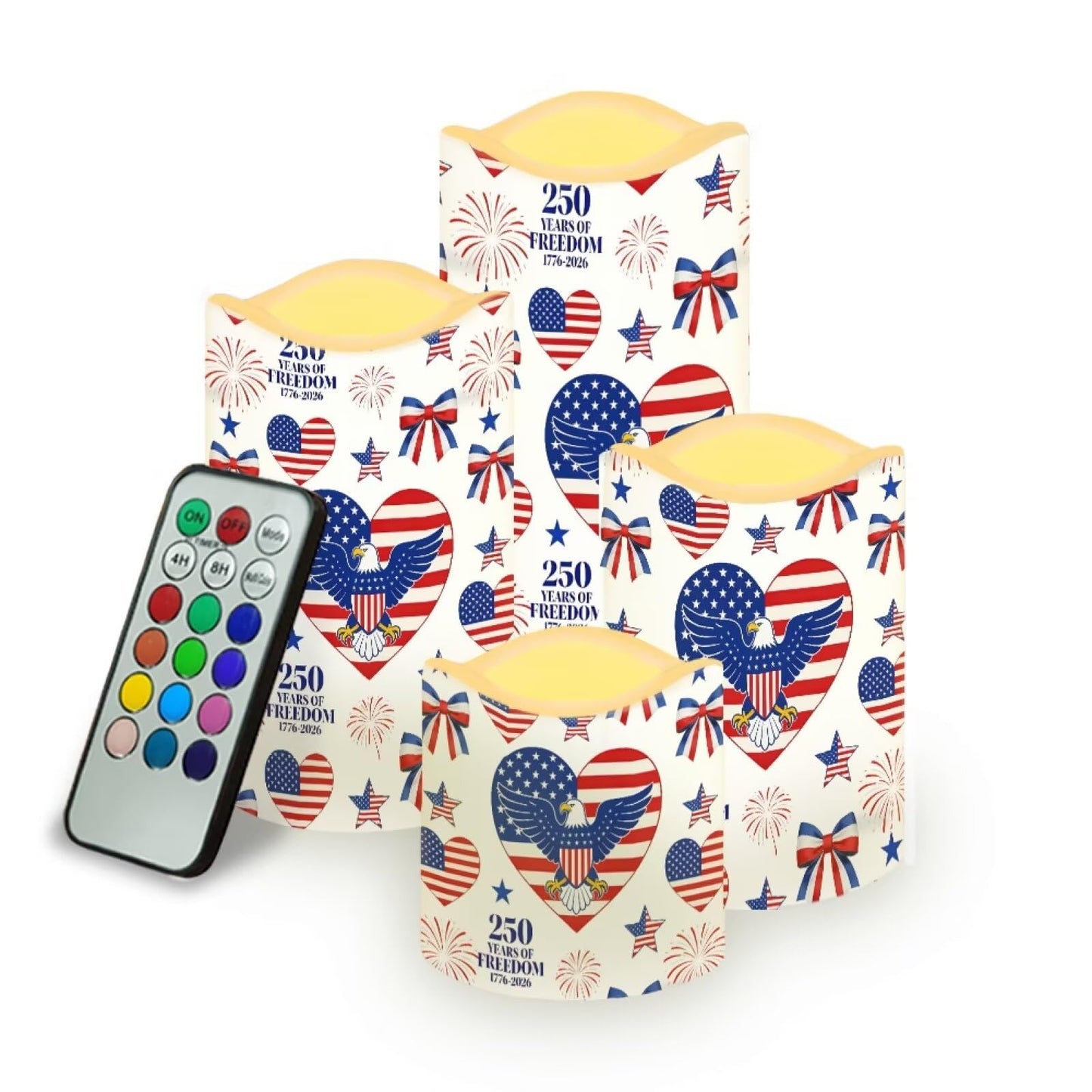 Uorisanigo 250th Anniversary of USA Independence Flameless LED Candles Star Stripes Battery Operated Fake Candles with Flicker Patriotic Candles 4th of July Outdoor Garden Display Set of 4