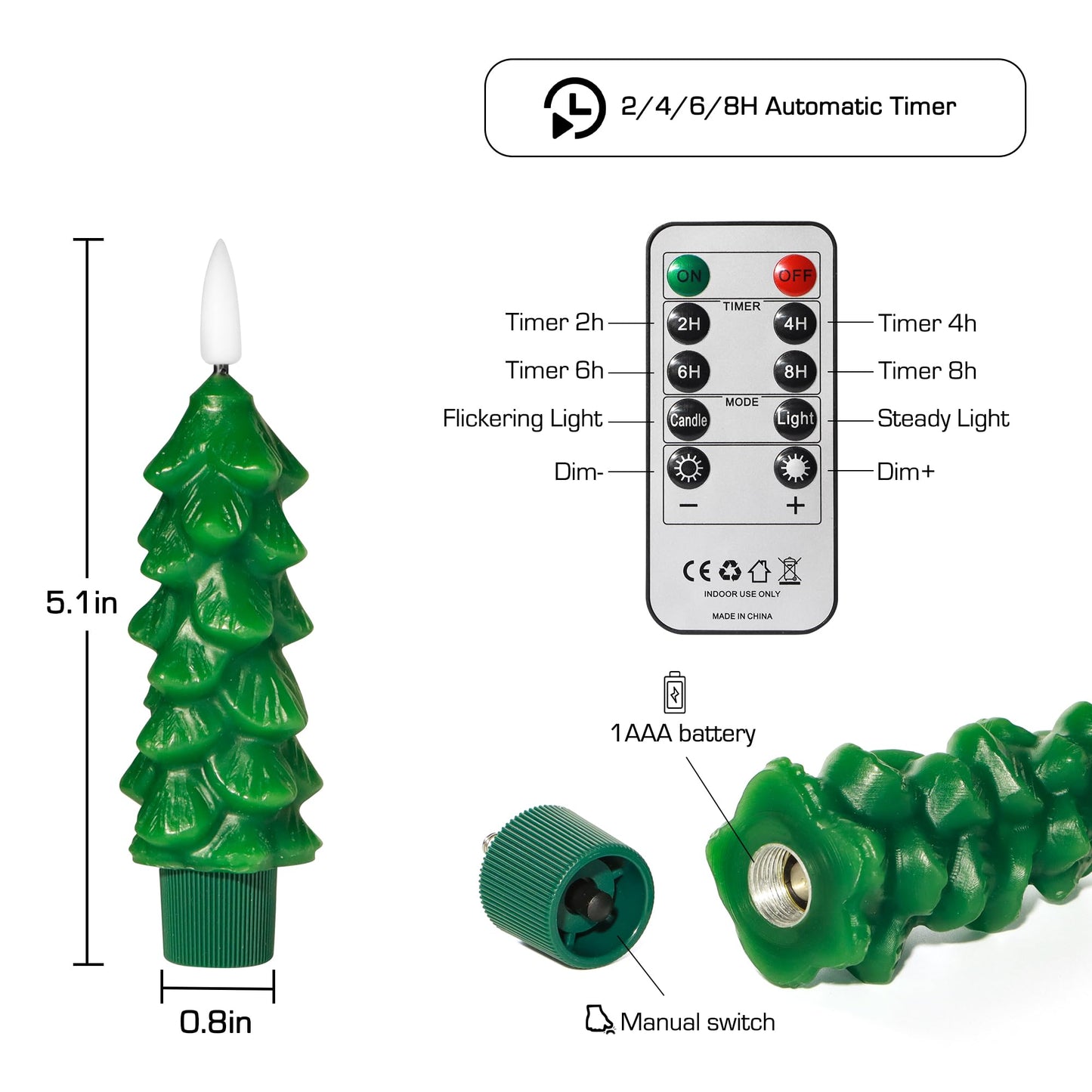 yunsheng 6Pcs Christmas Tree Candles with Remote Timer, Green Real Wax Flameless Taper Candles Flickering, 5 Inches Battery Operated LED Window Candle for Home Holiday Decor