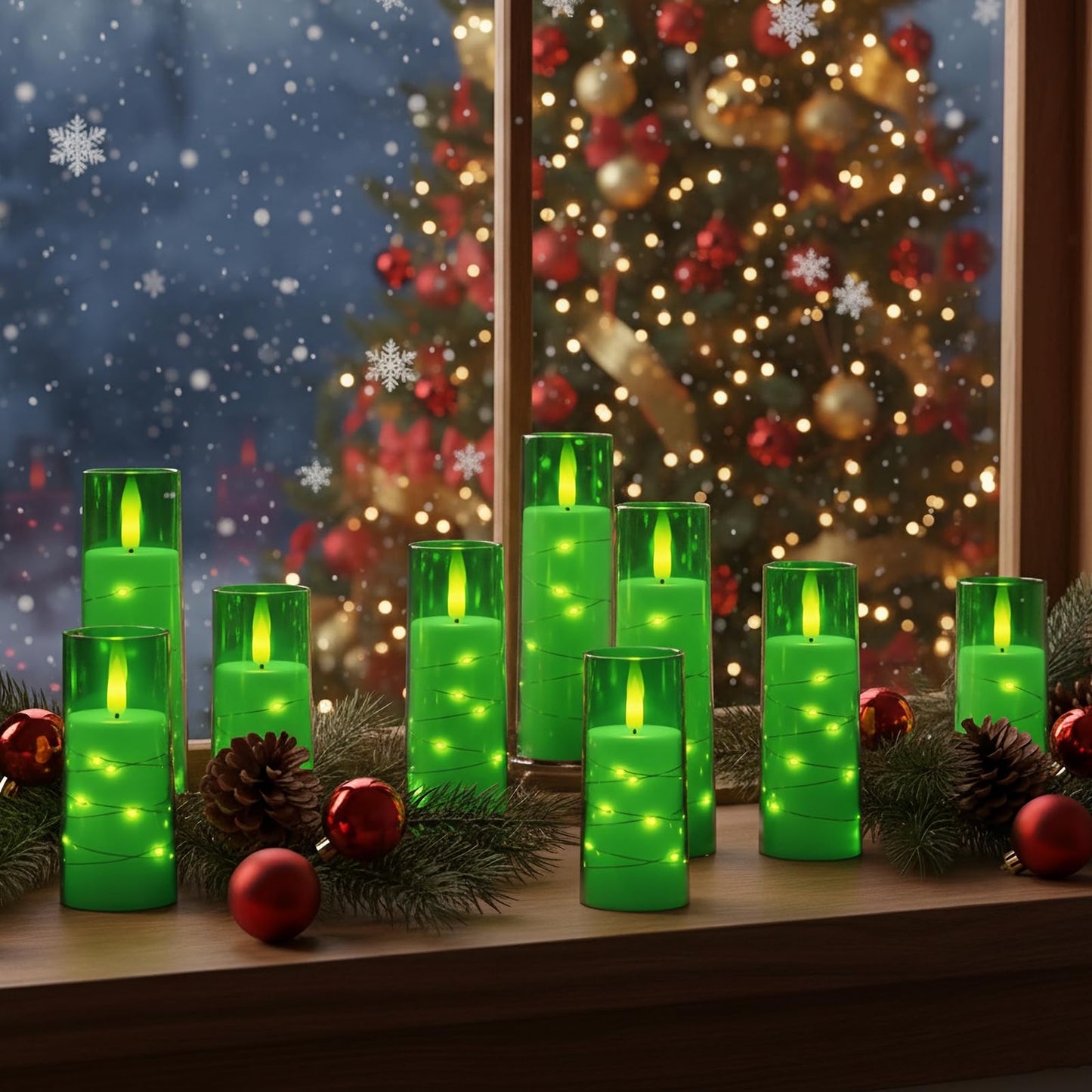 Raycare St. Patrick's Day Flameless Candle with Remote Timer – 9 Flickering Acrylic Battery Operated LED Pillar Candles with Embedded Star String for Home Decor, and as a Gift(Green)