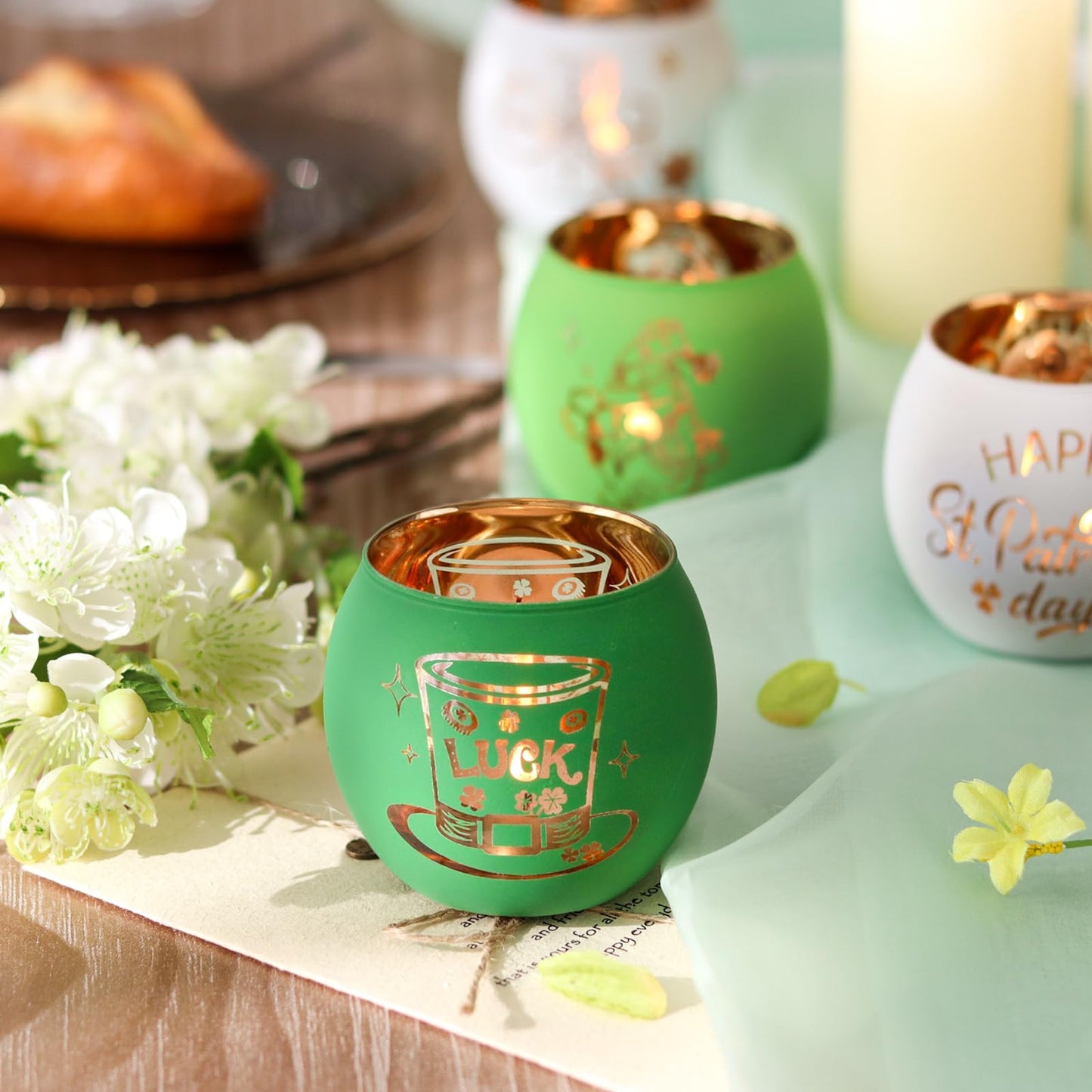 SHMILMH St. Patrick's Day Candle Holders 6PCS St Patricks Day Shamrocks Decorations for Table Centerpiece, Glass Votive Tealight Holders for Home Decor Party Decorations