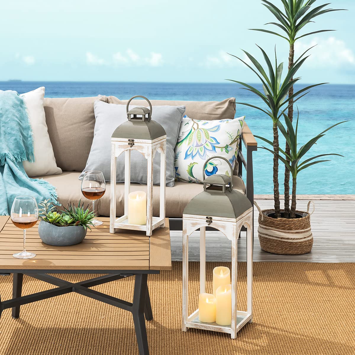 Glitzhome Lanterns Decorative Indoor, 2 Pack Mondern Farmhouse Candle Lanterns,Wooden Hanging Lanterns with Metal Top Floor Candle Lanterns for Home Décor, Weddings, Parties, Holiday (No Glass)