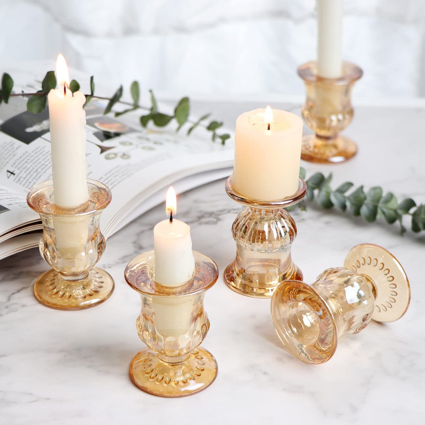 Letine Gold Candlestick Holders Set of 12-2.5" H Taper Candle Holders Bulk -Gold Glass Candle Holder for Valentine's Day, Christmas, Rustic Wedding Centerpieces, Party Decor