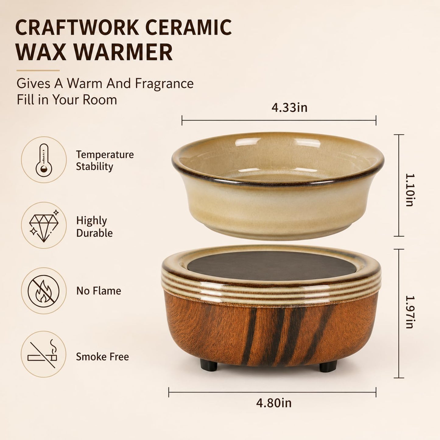 Mocosa Ceramic Wax Warmer Wax Melt Warmer 3-in-1 Candle Warmer Electric Wax Warmer for Scented Wax Melter Wax Burner for Home,Office,Perfect Christmas Gifts for Mom Women(Dark brown)