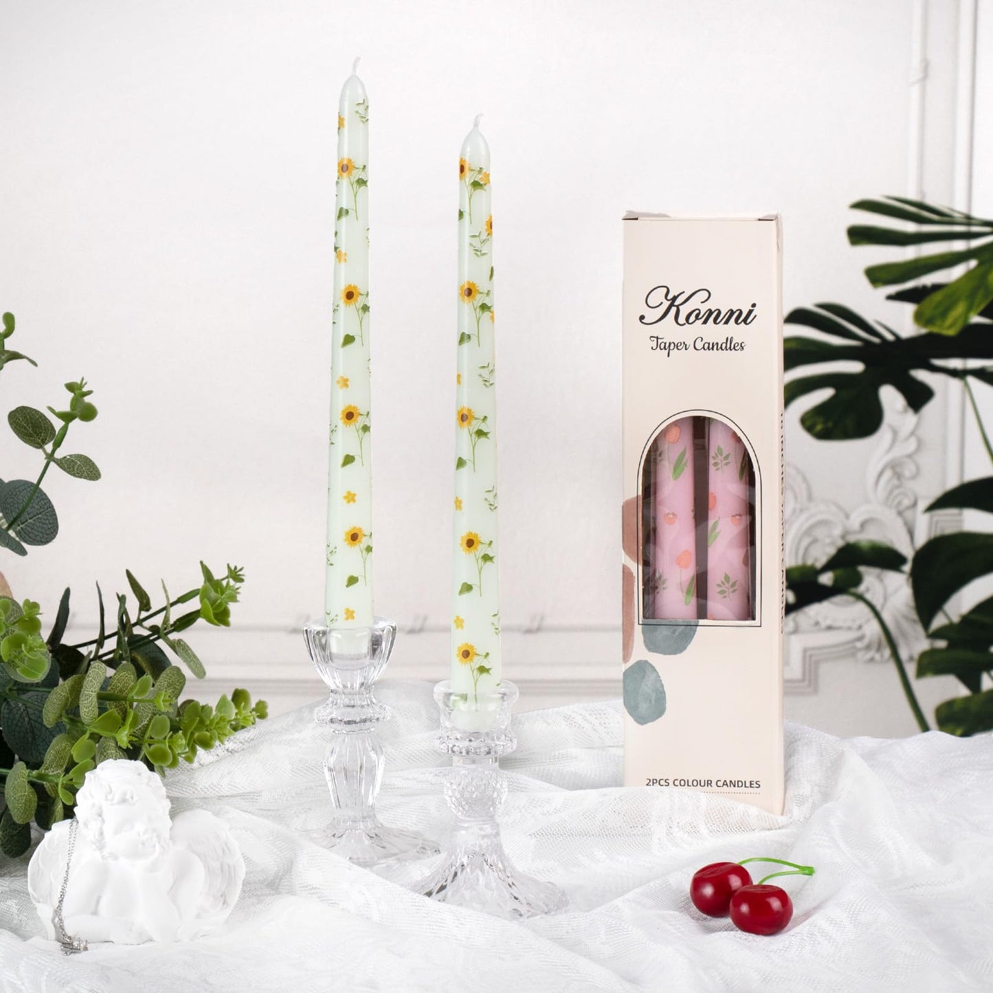 Taper Candles,10 inch 2pc Green Tapered Candles with Sunflower Printed, Unscented and Smokeless Long Burning Candles,Tall Candlesticks with Cotton Wicks,Ideal for Weddings, Home Décor