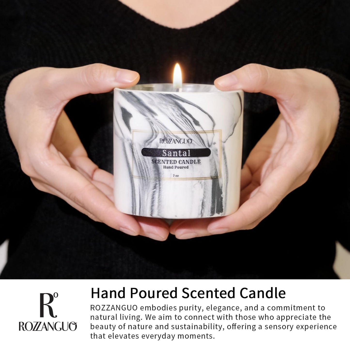 Rozzanguo Luxury Marble Jar Scented Candle | Women Men | Non Toxic 100% Natural Coconut & Soy Wax Blend Cotton Wick | Hand Poured Highly Scented Long Lasting (Santal, 7 Ounces)