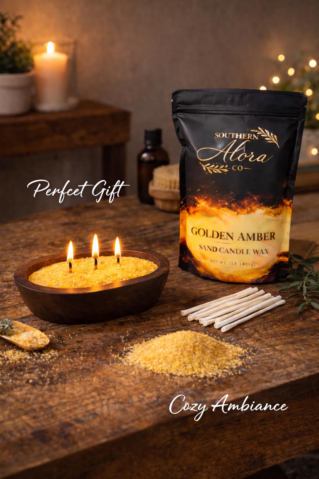 Candle Sand with 10 Wicks – 1 LB Refillable Candle Wax for DIY Candles, Wedding Centerpieces, Home Decor, Candle Making Kit, Candle Sand with Wicks – Golden Amber