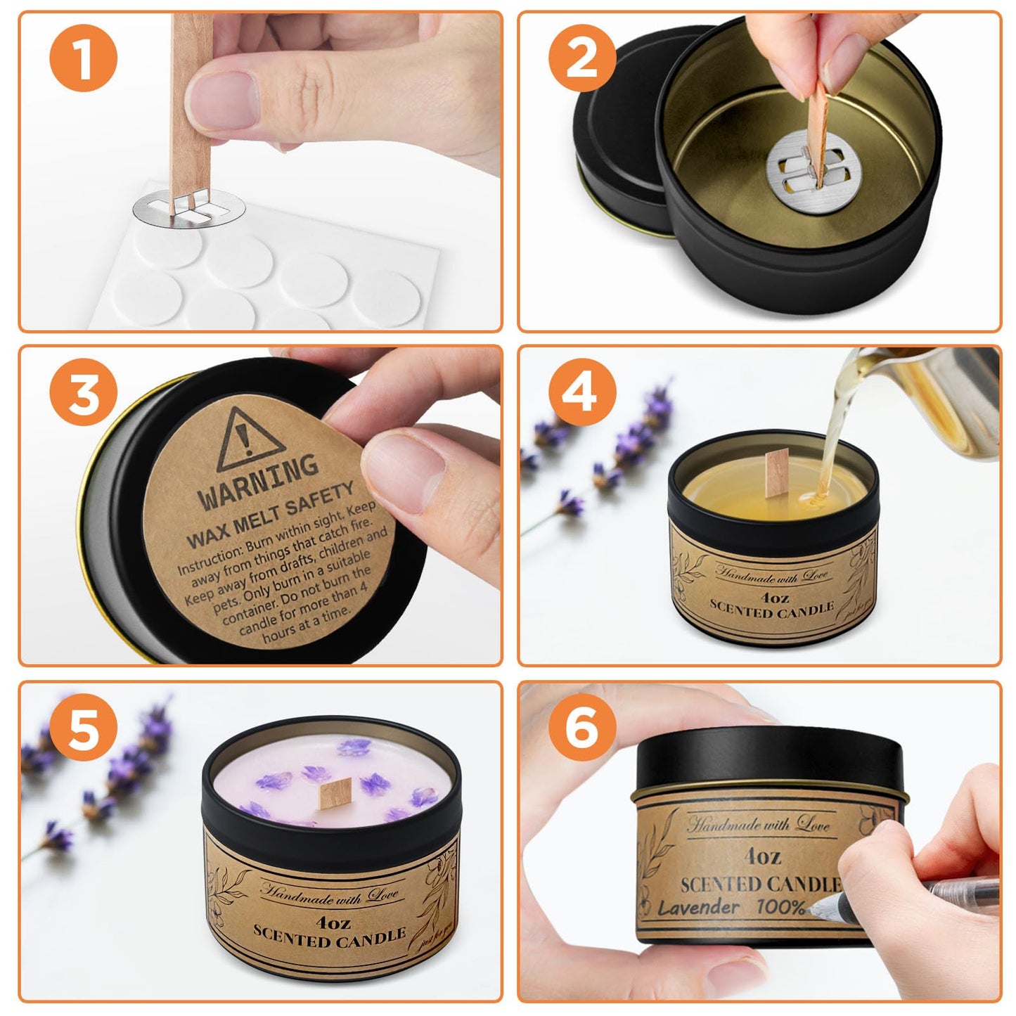 CollectHall 4oz Candle Tins with Lids, 24 Set DIY Candle Making Kit Includes Bulk Tins, Wood Wicks, Stickers, Wick Holders & Warning Labels for Small Business