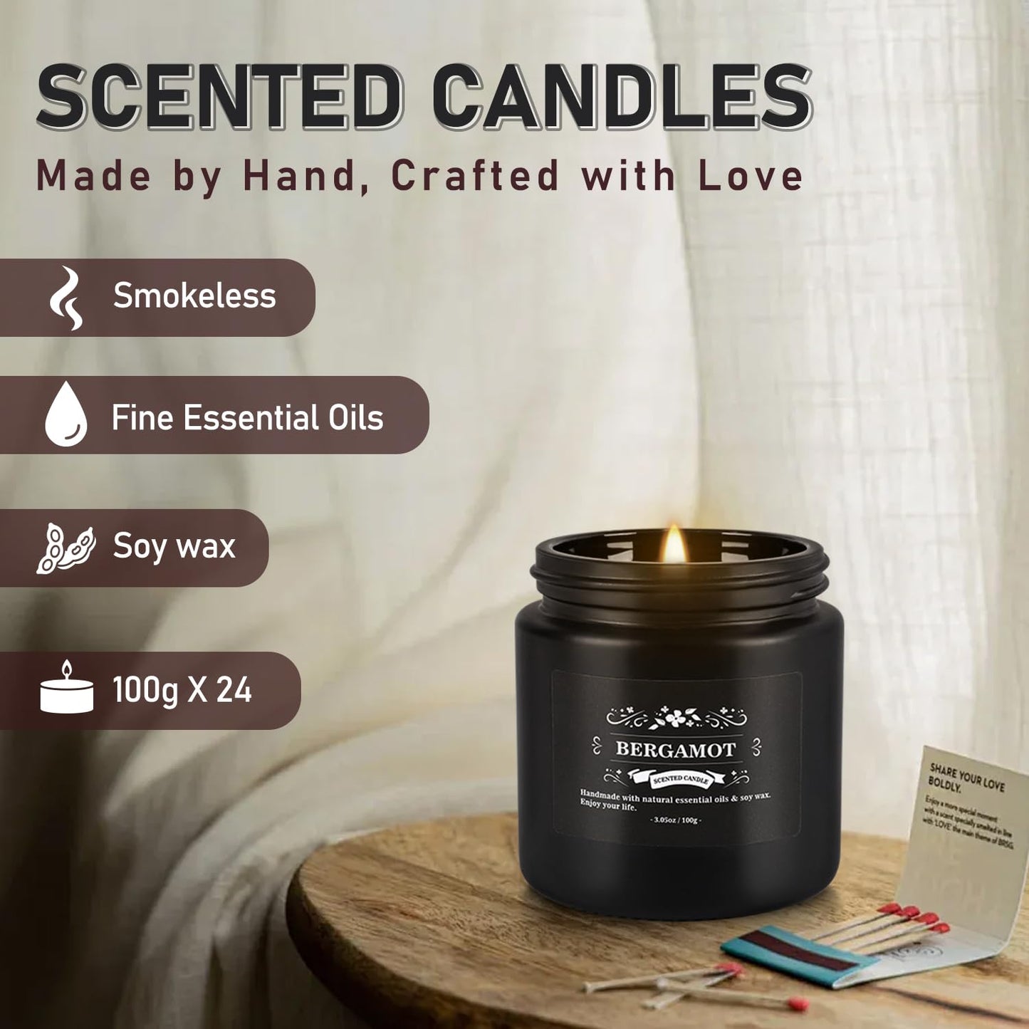 Scented Candle Set 24 Pack,Black, Candle for Home Scented, Odor Eliminating, Stress Relief, Long Lasting Soy Wax Gift Set