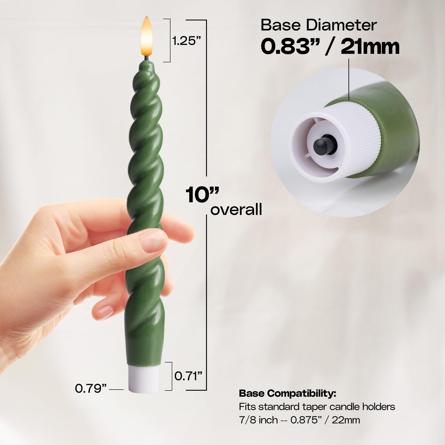 WYZworks 10" Flameless LED Taper Candles – Full Twisted Spiral – Loden Green, Set of 6 – Remote, 2/4/6/8-Hr Timer (24-hr Memory), Bottom On/Off Button, Dimmable, Battery Operated, Flicker/Steady