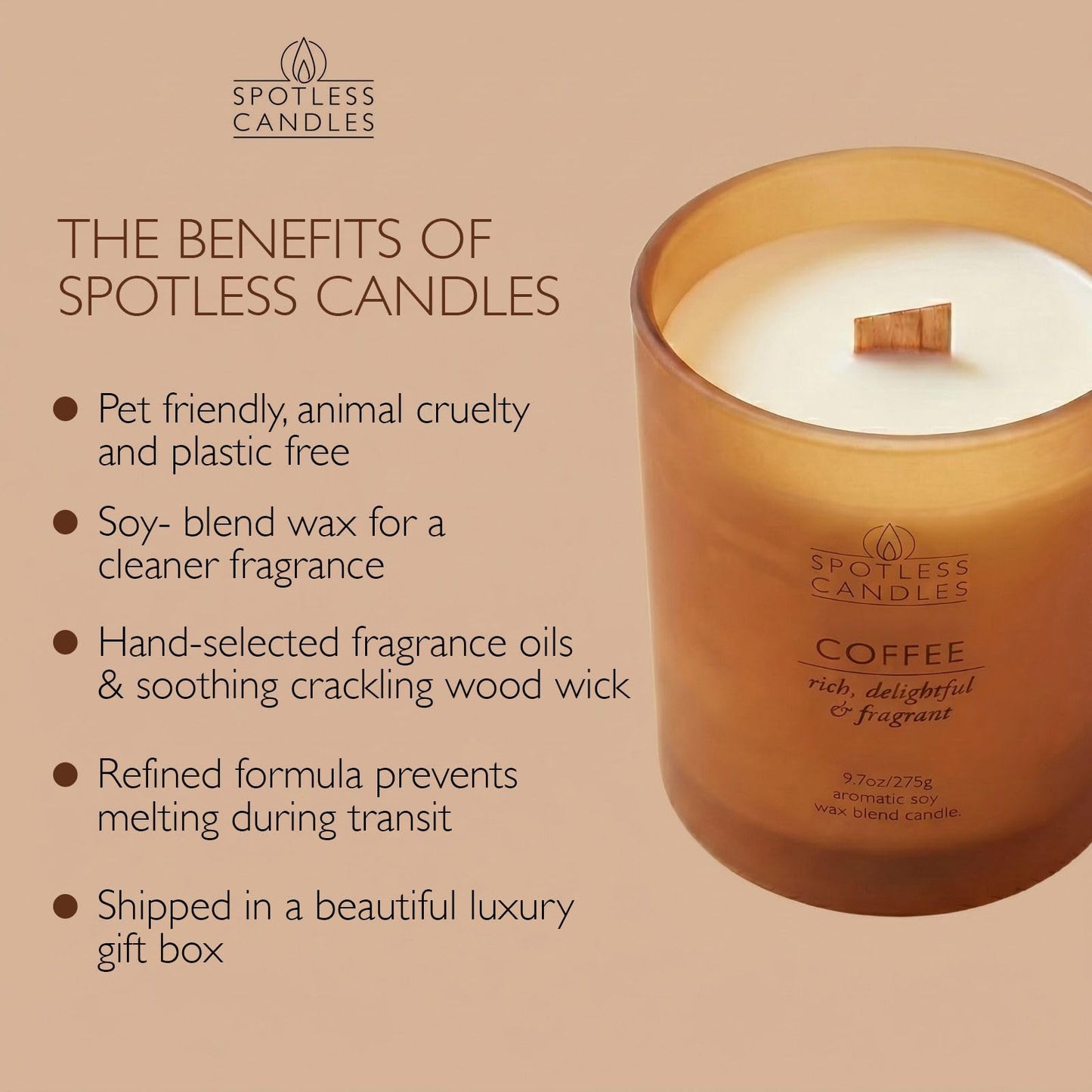 Coffee Candle; 9.7oz, 55 Hrs Burn Time, Soy Wax Brown Frosted Jar with Crackling Wooden Wick & Luxury Gift Box with Gold Foil Strip: Coffee Scented Candle by Spotless Candles