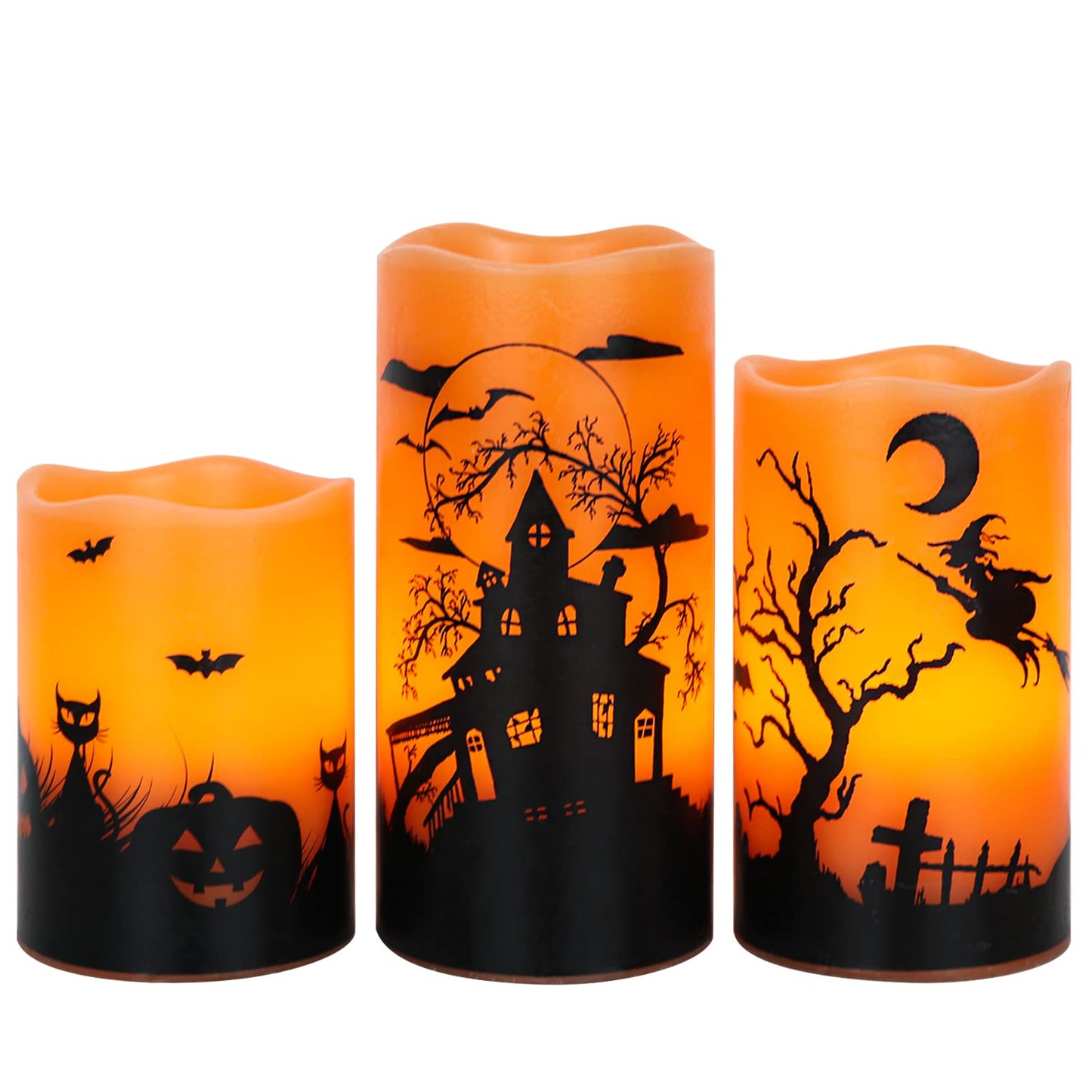 Lasumora Halloween Flameless Candles with 6-Hour Timer, Battery Operated Orange LED Pillar Candles Flickering Real Wax, Witch, Bats, Castle Decals Set of 3 for Halloween Decorations, D3”x H4” 5” 6”
