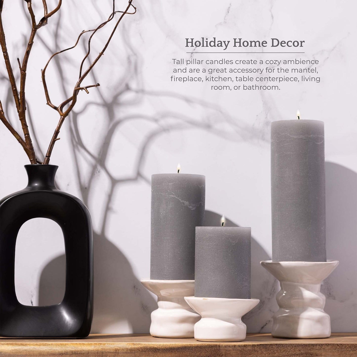 BASK Mottled Unscented Cool Grey Pillar Candles Set of 3 - Dripless Large Smokeless Pillar Candles for All Occasions
