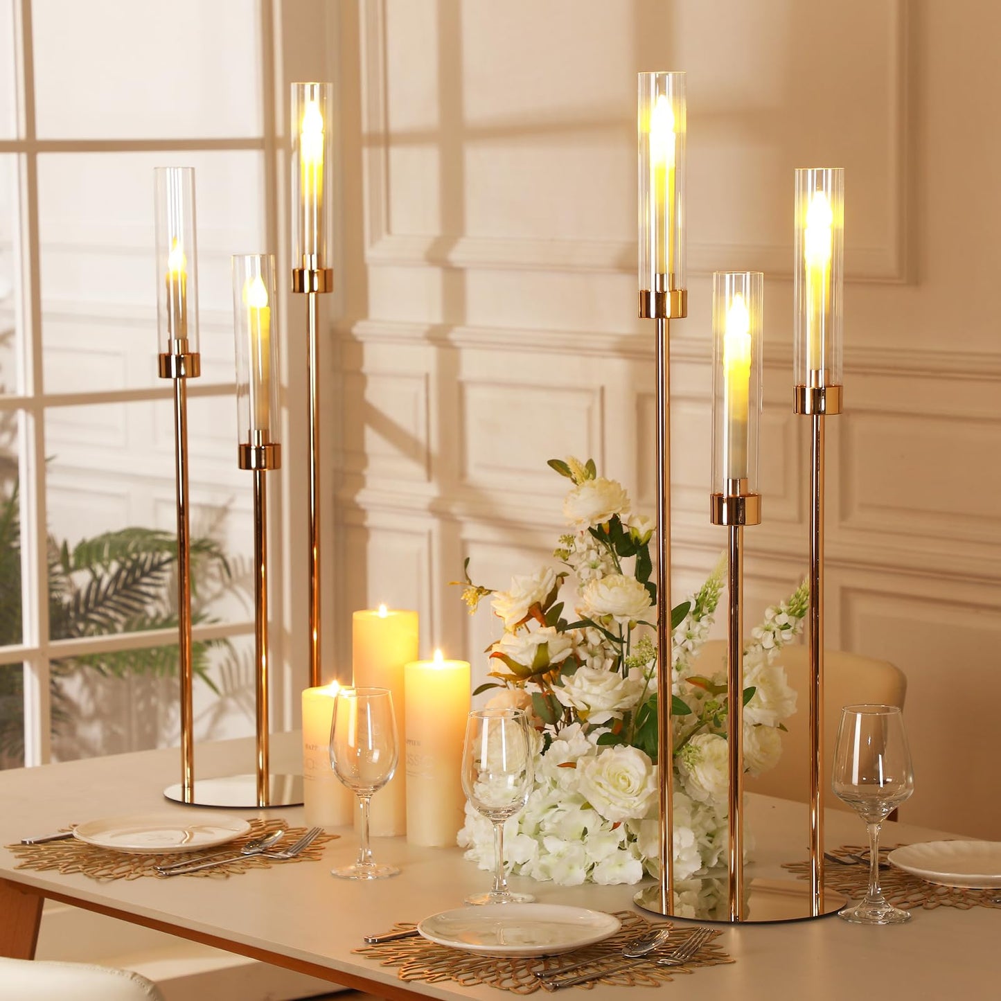 Suclain 10 Set 3 Arm Candelabra Centerpiece 33.8 Inch Candle Holder Gold Candelabra Metal Floor Pillar Candlesticks for Tables Wedding Home Party Decoration
