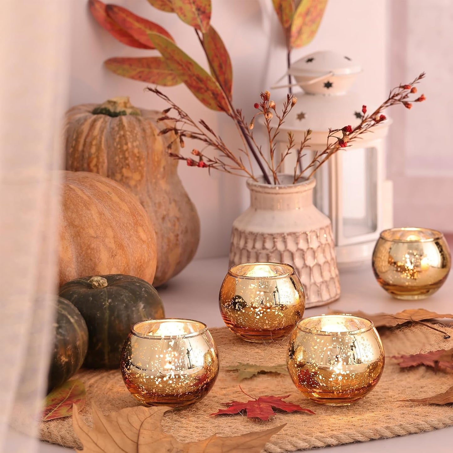 12pcs Gold Round Votive Candle Holders,Glass Gold Mercury Glass Votive Candle Holders Round Tealight for Christmas Decoration, Table Centerpieces, Weddings, Shower Gift