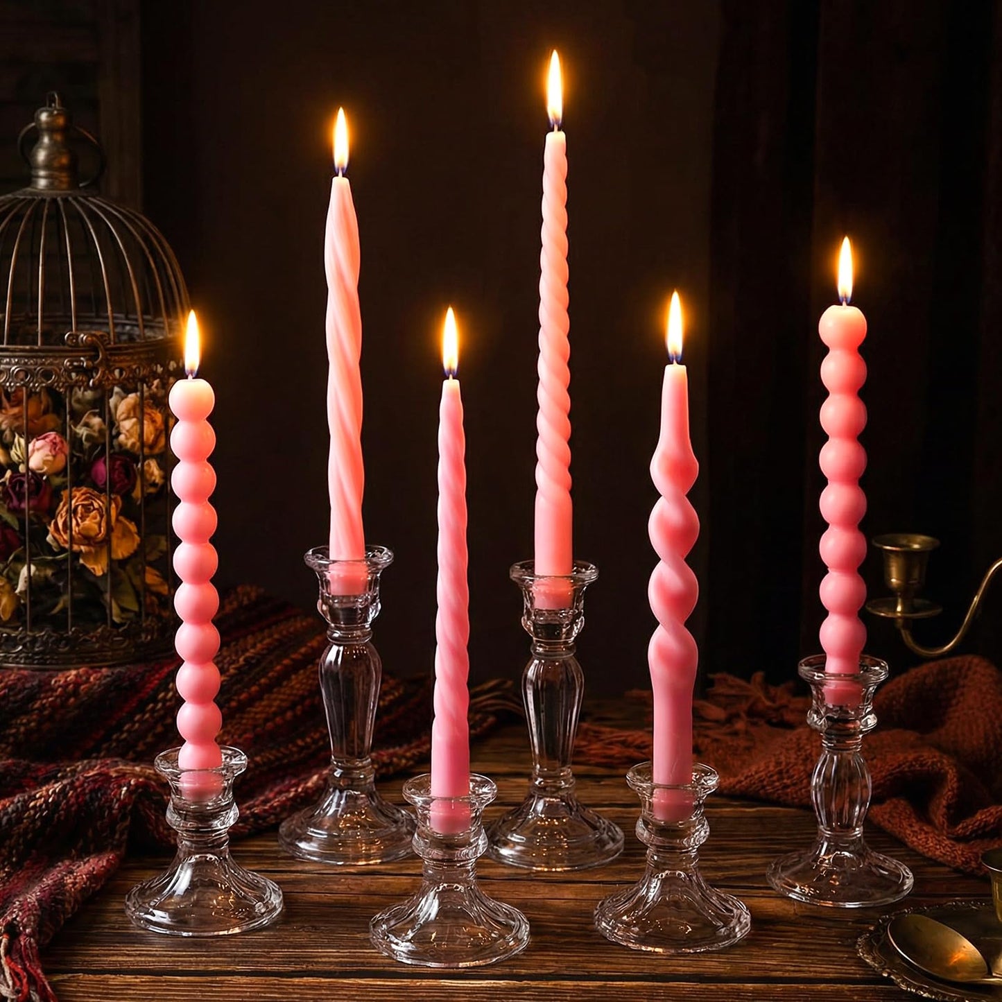 Conelist 10 Inch Pink Twisted Taper Candles Set of 6, Tall Smokeless Twisted Candlesticks for Wedding Holiday Birthday Home Party Decorations