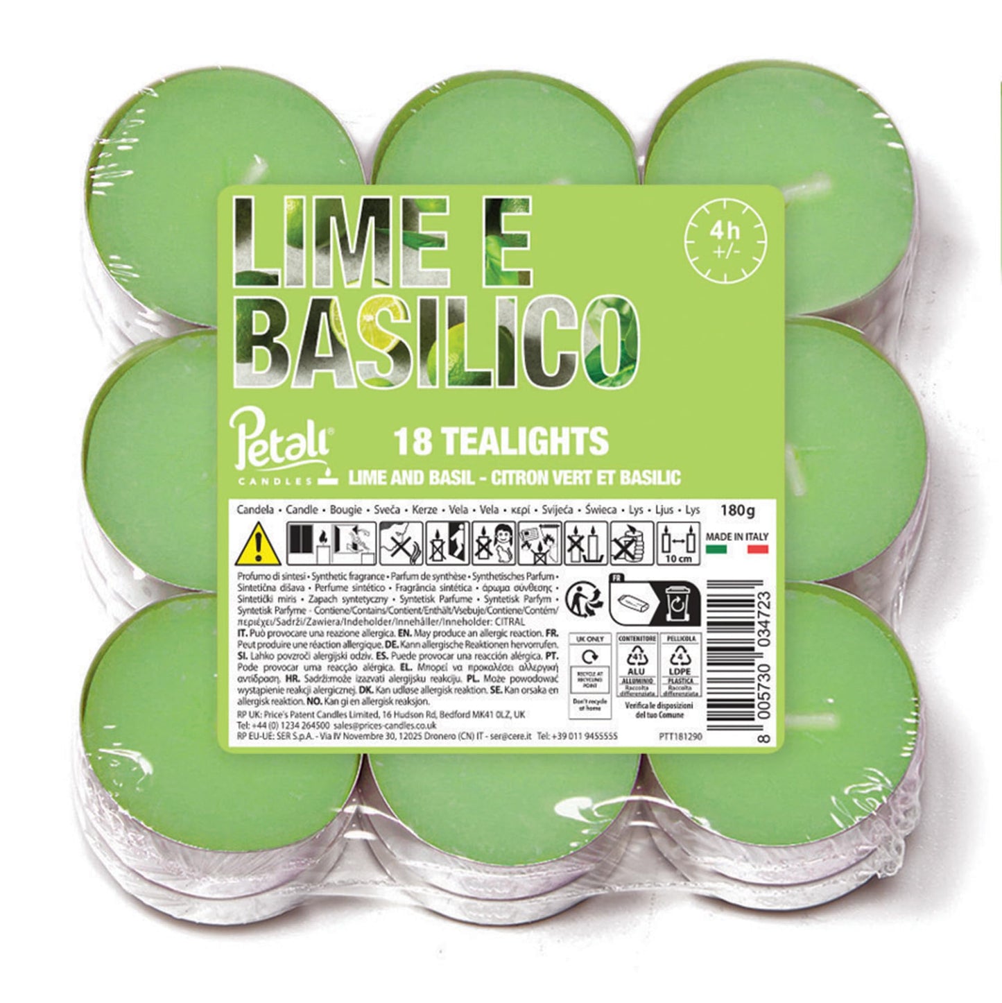 Price's Petali Range Lime and Basil Pack of 18 Scented Tea Lights Candle for Home & Events | 4 Hour Burn Time Scented Candles for All Occasions | Long Burning Tealights Gifts for Women & Men