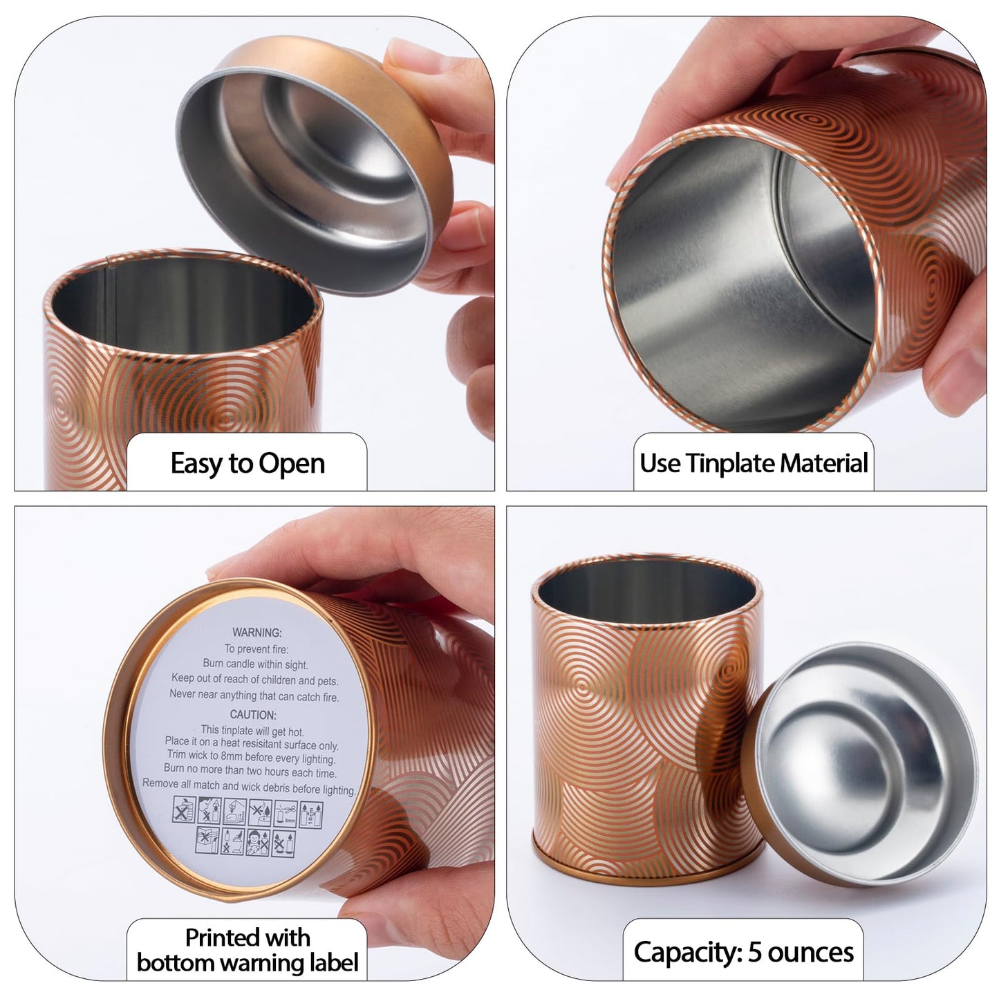 DingwinSharp 5oz Candle Tins for Making Candles - 12 Pcs Empty Candle Containers with Lids, Wicks, Wick Holders, Wick Stickers and Bottom Warning Labels(12 different pattern candle jars)