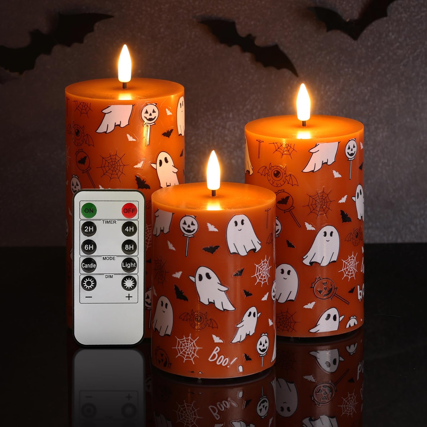 Girimax Burnt Orange Halloween Flameless Pillar Candles with Remote, Ghost LED Wax Candles Battery Operated Set of 3