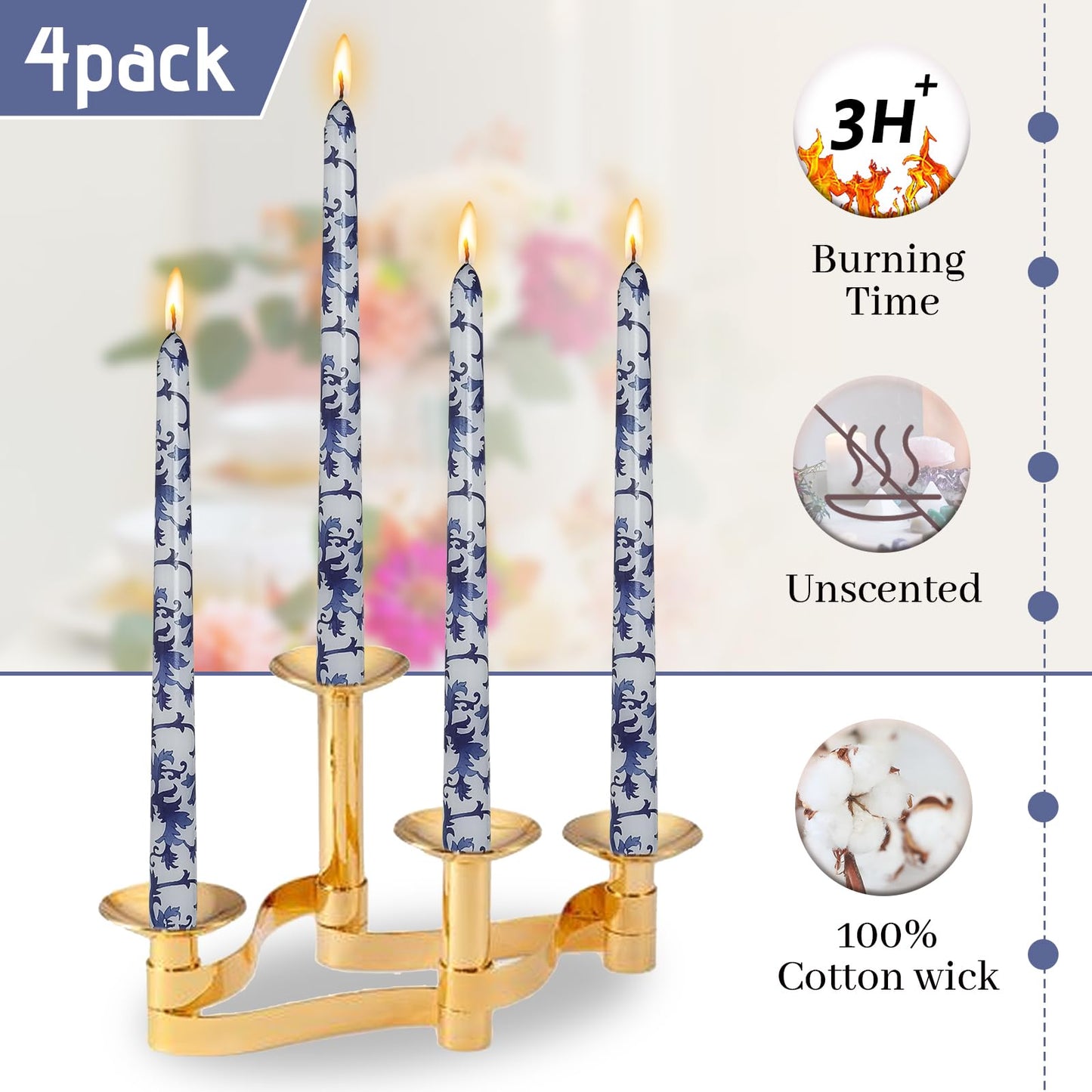Foloral Prints Taper Candles Blue and White Porcelain Handmade Candle 10 Inch Unscented Long Candlesticks Smokelss for Decor & Gifts Set of 4