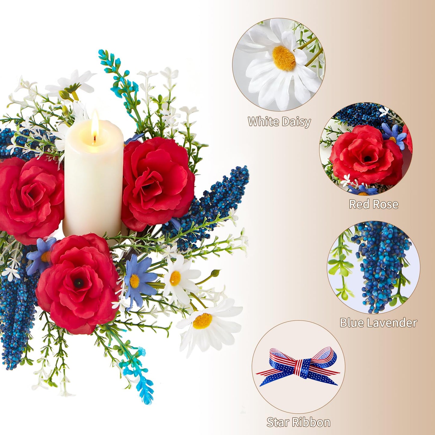 Mini 4th of July Wreath 4Pcs, 11.8 Inch Small Patriotic Wreath with Ribbon, Artificial Rose Lavender Daisy Wreath, Hanging/Tabletop/Candle Ring Decor for Home Front Door, Porch, Wall, Window, Cabinets