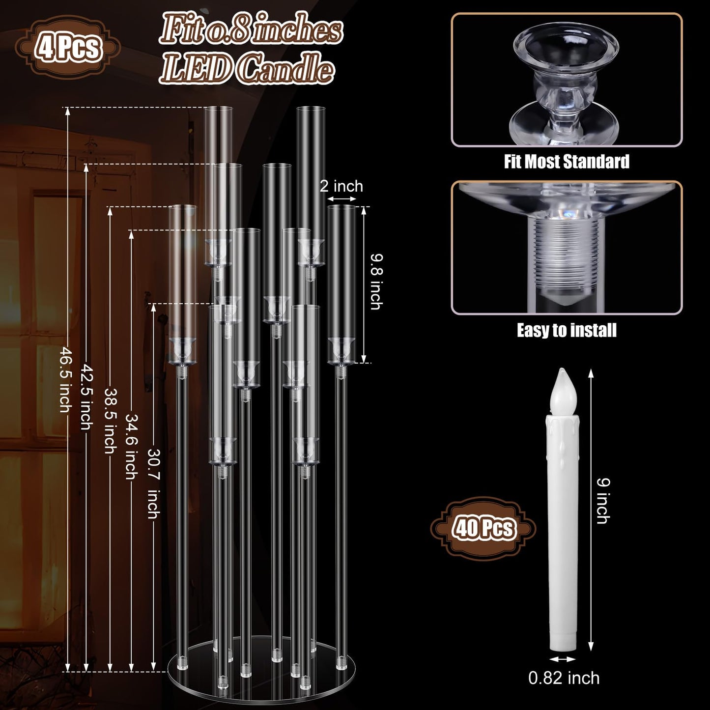 Tandefio 4 Pcs 10 Arm Wedding Acrylic Candelabra Table Centerpieces with 40 LED Candle 46.5'' Tall Floor Candlestick Clear Metal Candle Holder with Lampshade for Ceremony Easter Birthday Anniversaries