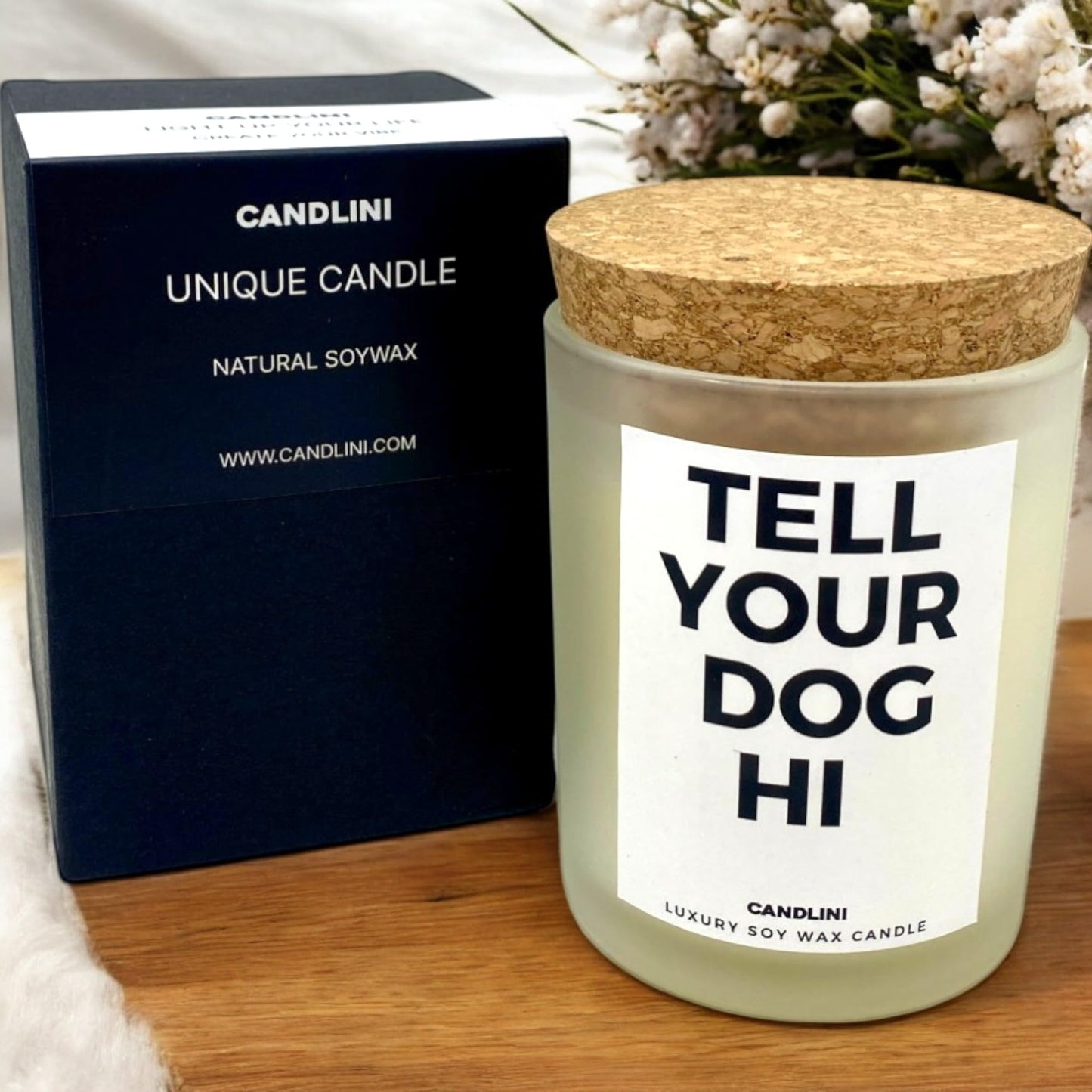 Tell Your Dog Hi | Luxury Candle Soy Wax Vanilla Blend | Unique Funny Gift for Dog Lovers | Gift Box Included