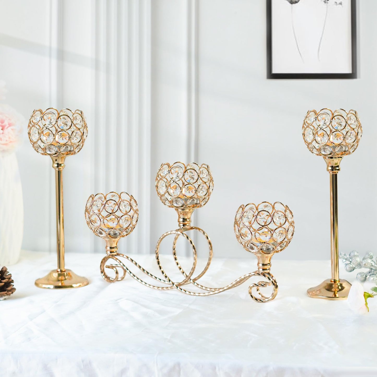 kolnlala Gold 5 Arm Metal Crystal Tea Light Candle Holder, Elegant Wedding Table Centerpiece, Christmas Wishing Bowl Candle Holder