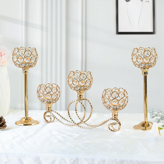 kolnlala Gold 5 Arm Metal Crystal Tea Light Candle Holder, Elegant Wedding Table Centerpiece, Christmas Wishing Bowl Candle Holder