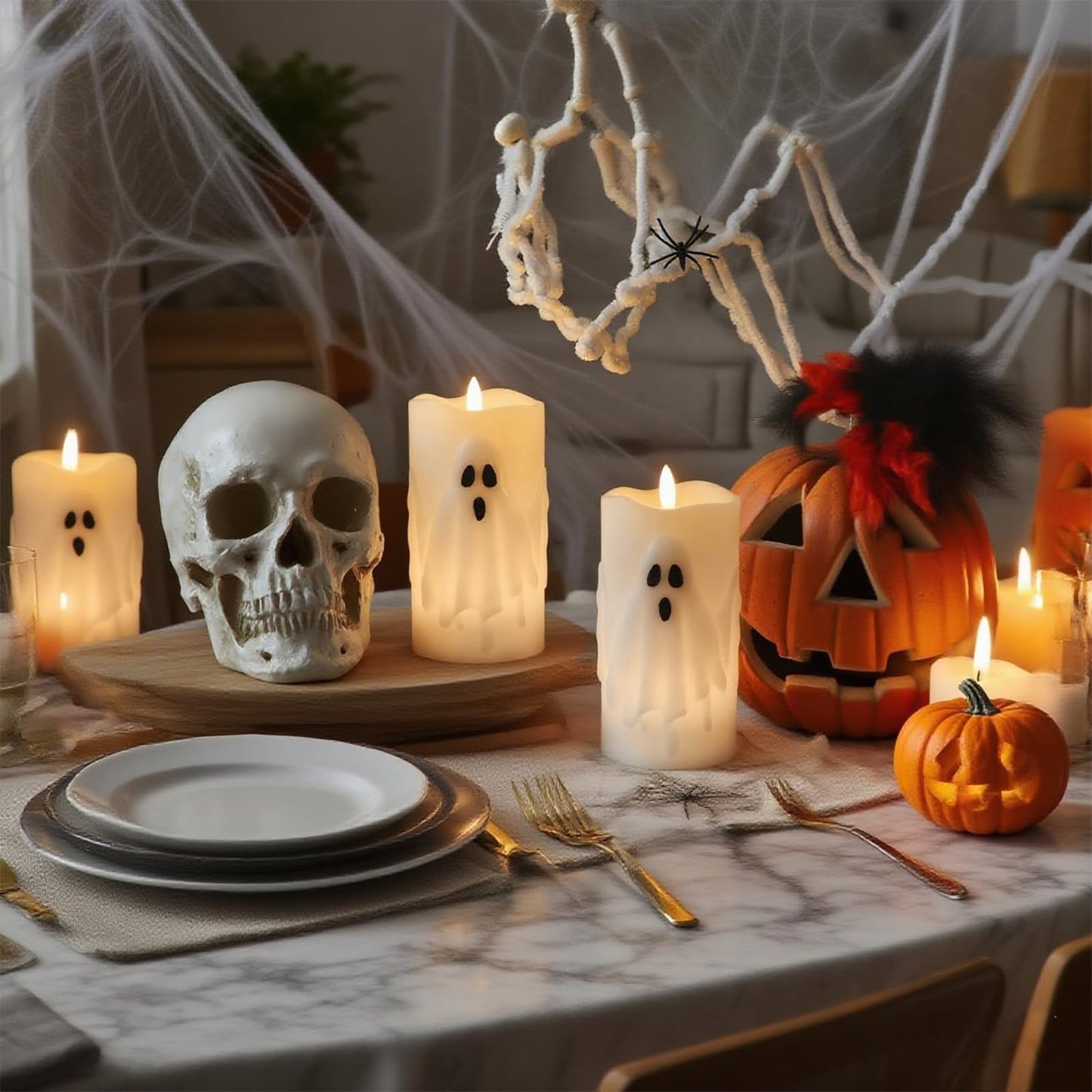 Eldnacele Spooky Ghost Halloween Flameless Candles Battery Operated with Remote & Timer Set of 2 LED Flickering Pillar Candles White Real Wax 3D Wick Long Lasting Home Indoor Decor (3" D x 6.5" H)