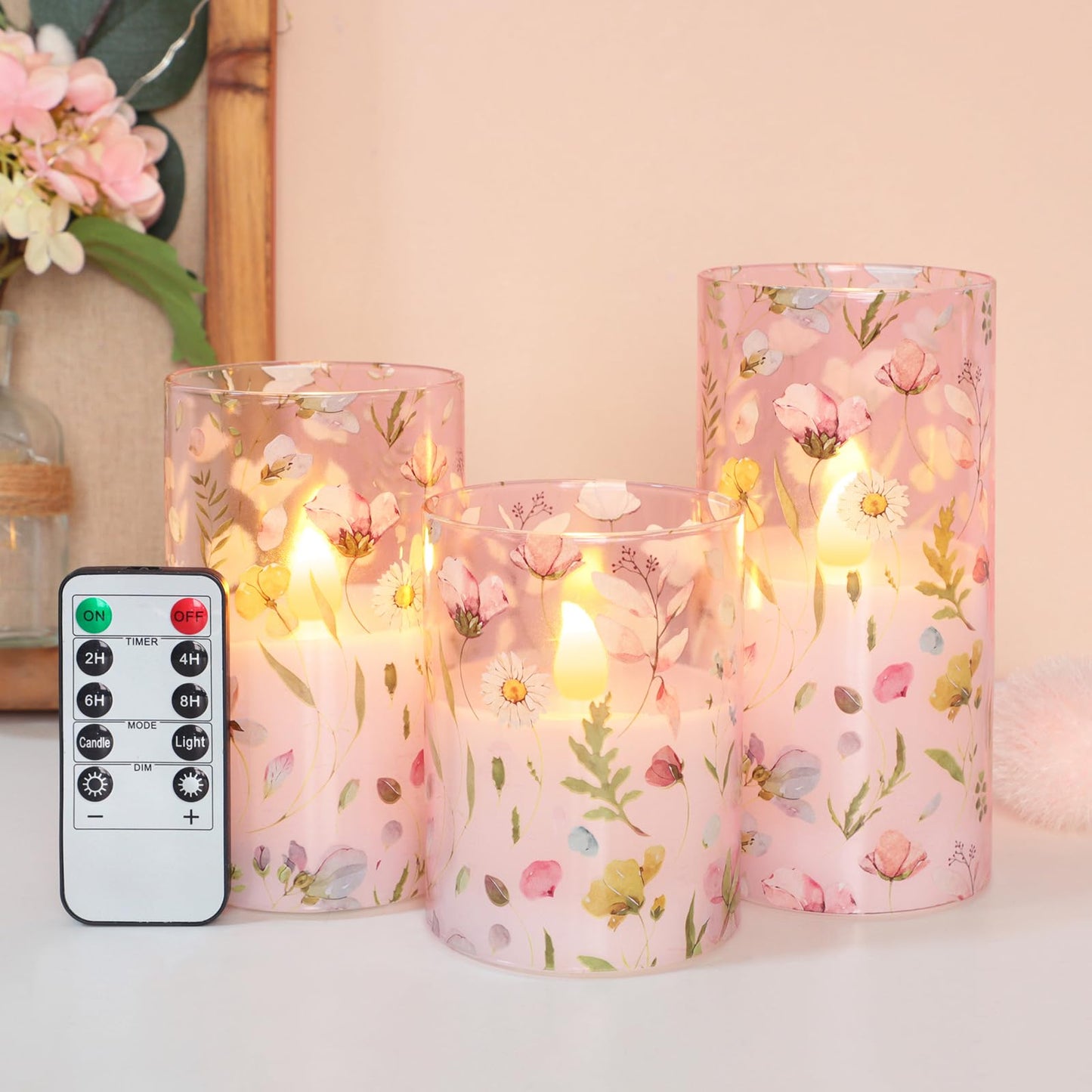 Crystal Club Flameless LED Candles with Remote Timer, Pink Floral Glass Battery Operated Candles, 3 Pack Realistic Flickering Pillar Candles for Wedding Home Centerpiece Decoration