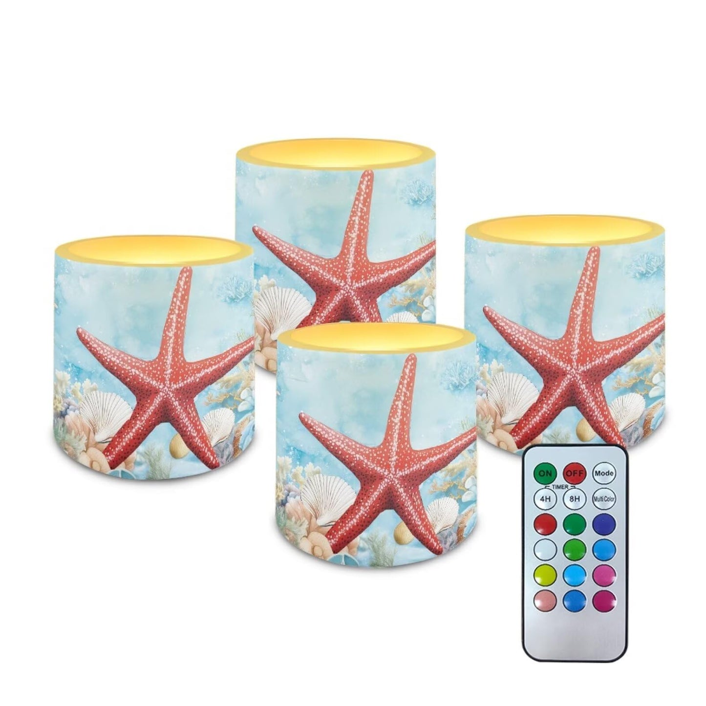 NETILGEN 4 Packs Decorative Flameless LED Candles Red Starfish Print Color Changing Battery Operated Flickering LED Pillar Candles with Remote Timer Control