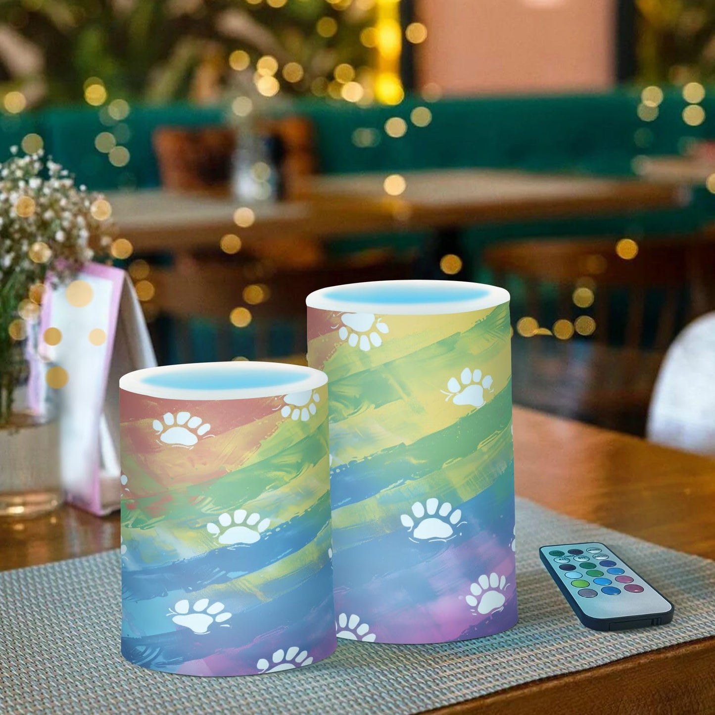 Animal Dog Cat Paw Prints on Rainbow02 Flickering Flameless Candles Battery Operated with Remote Timer,Tea Light Candles LED Pillar Votive Candles Set of 2 for Outdoor Indoor Decorations
